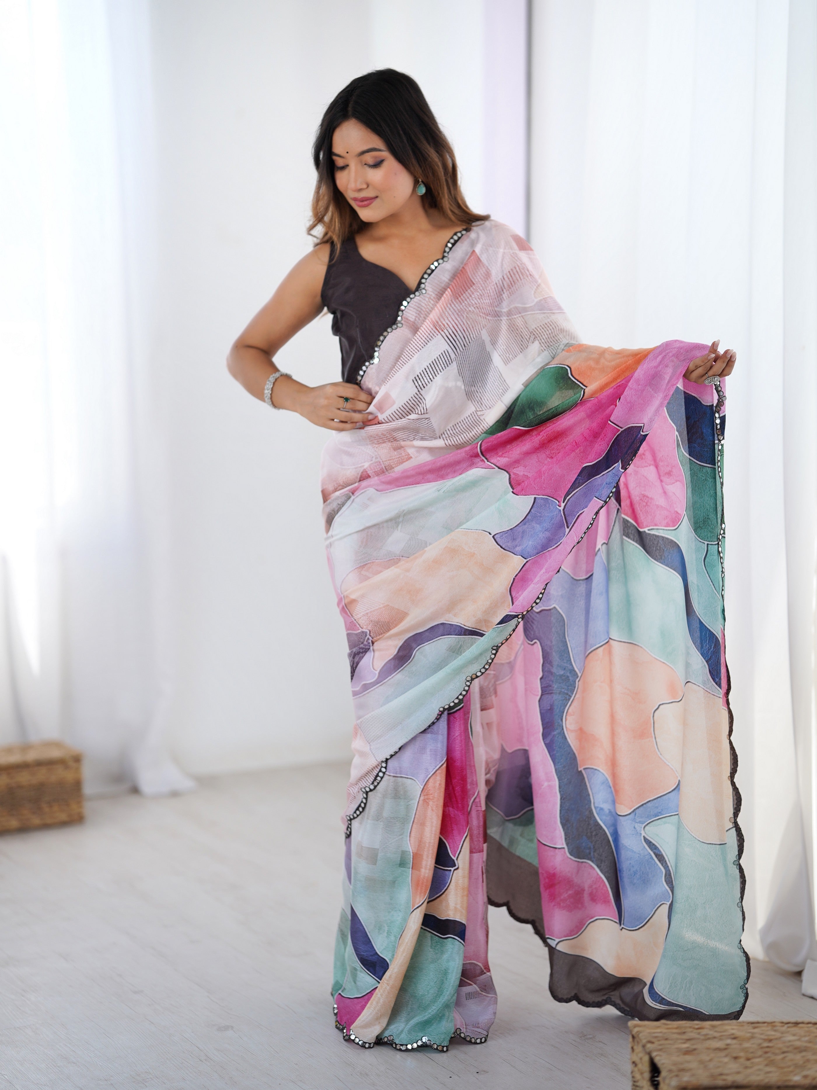 Multy Ethnic Partywear Digital Printed Saree With Stylish Cut Border