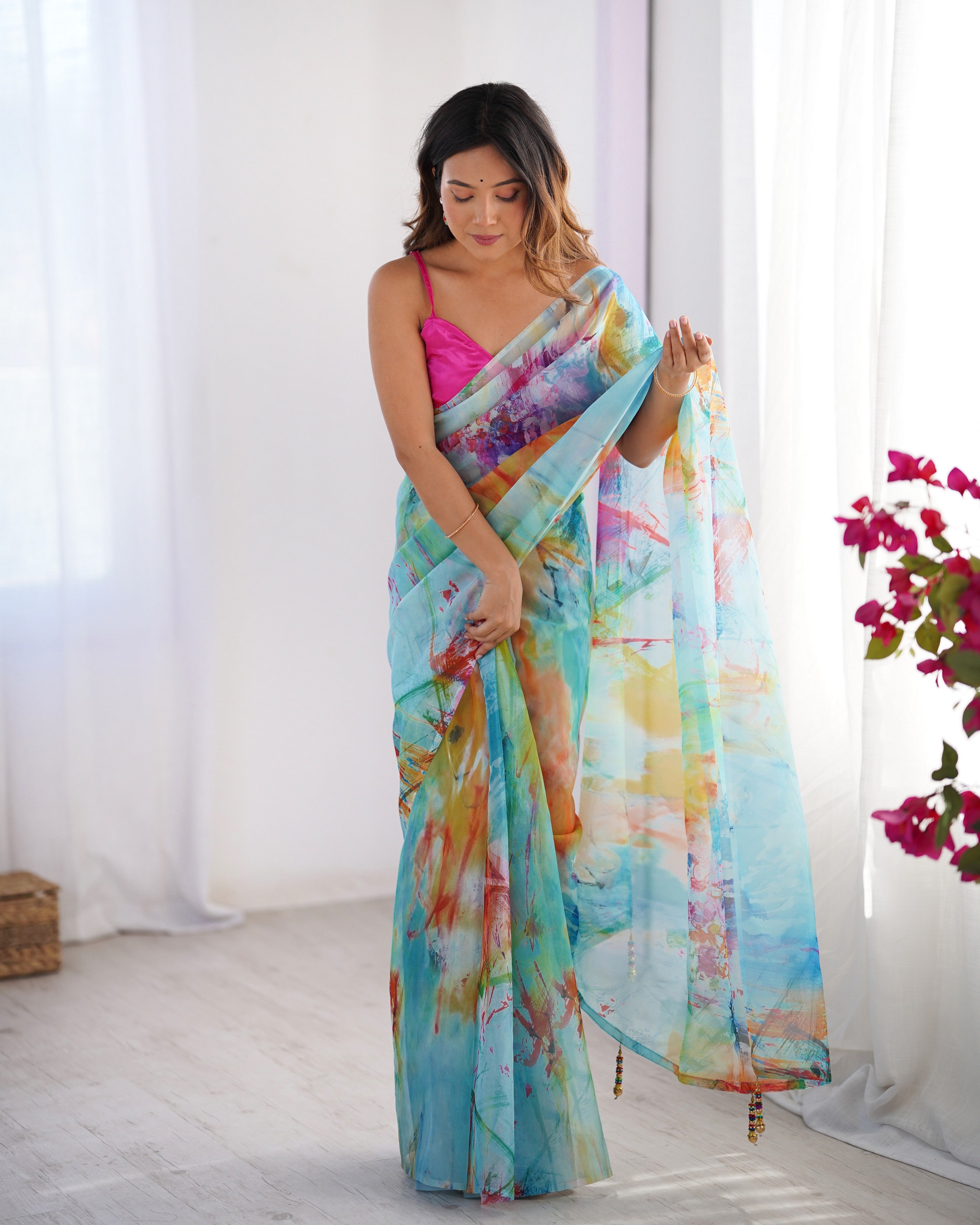 Multy Organza Designer Printed Fancy Partywear Saree