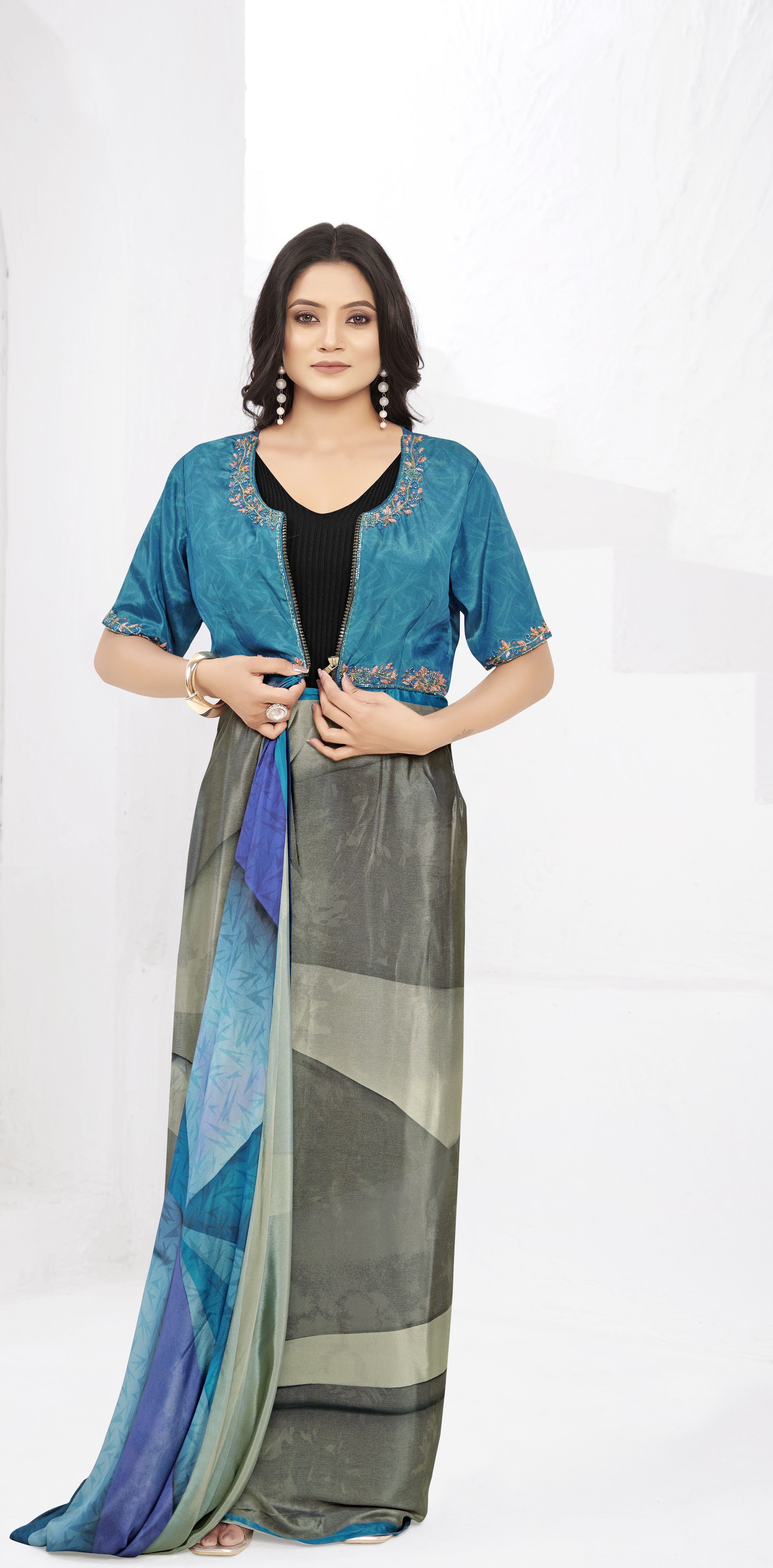 Multy Ready To Wear Gown Style Designer Printed Saree With Embroidery Work Blouse