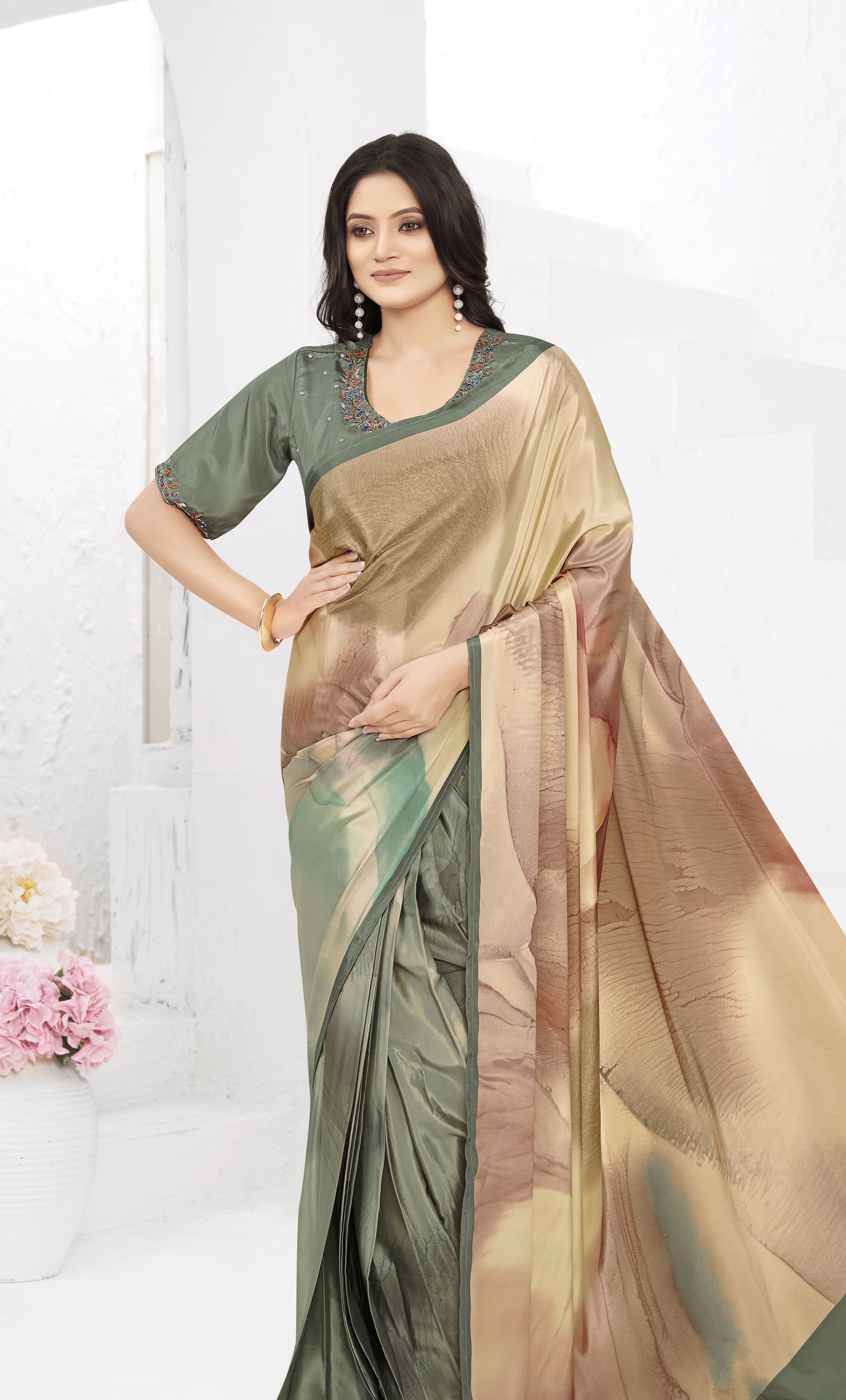 Multy Ready To Wear Gown Style Designer Printed Saree With Embroidery Work Blouse