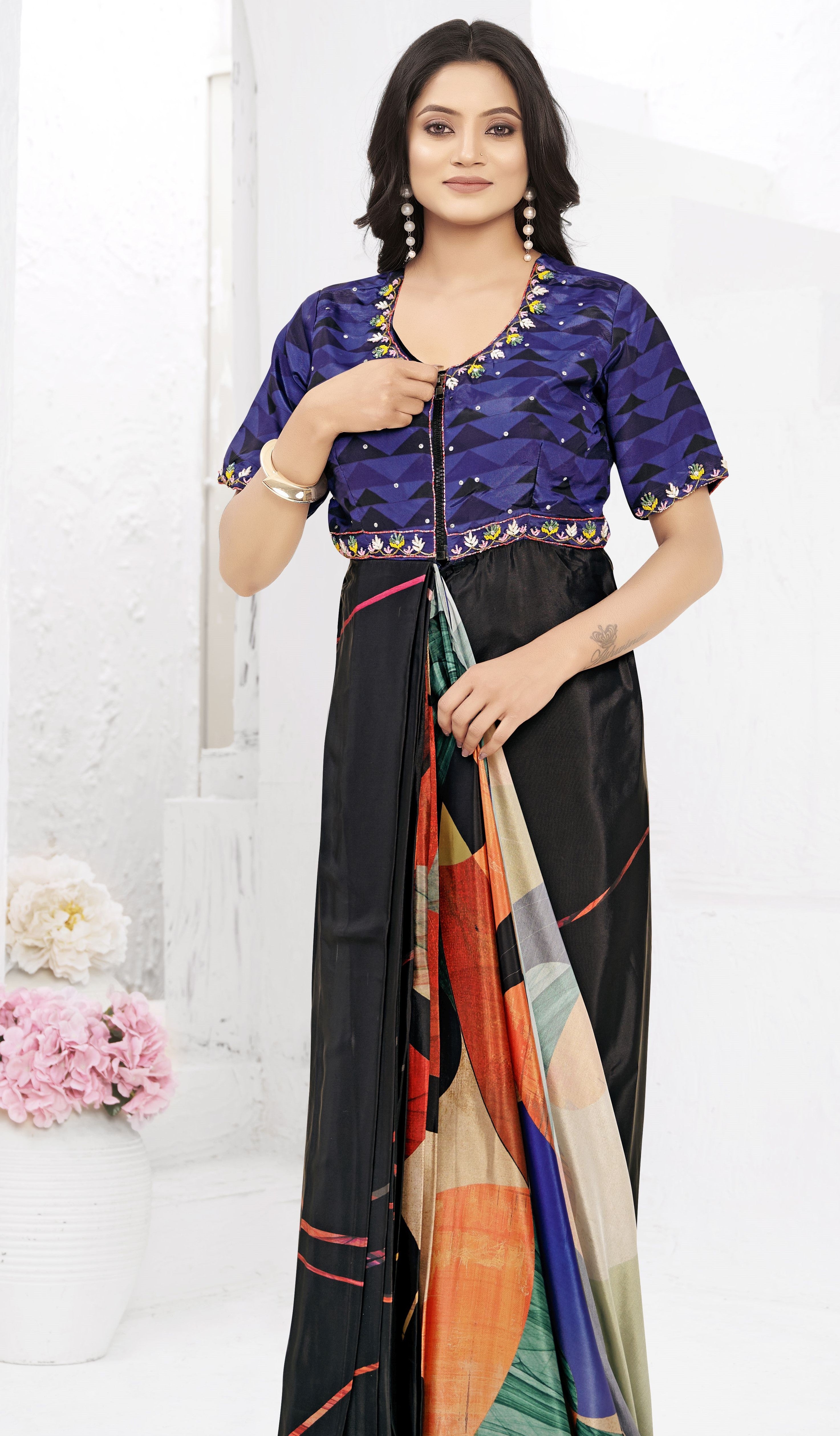 Multy Ready To Wear Gown Style Designer Printed Saree With Embroidery Work Blouse