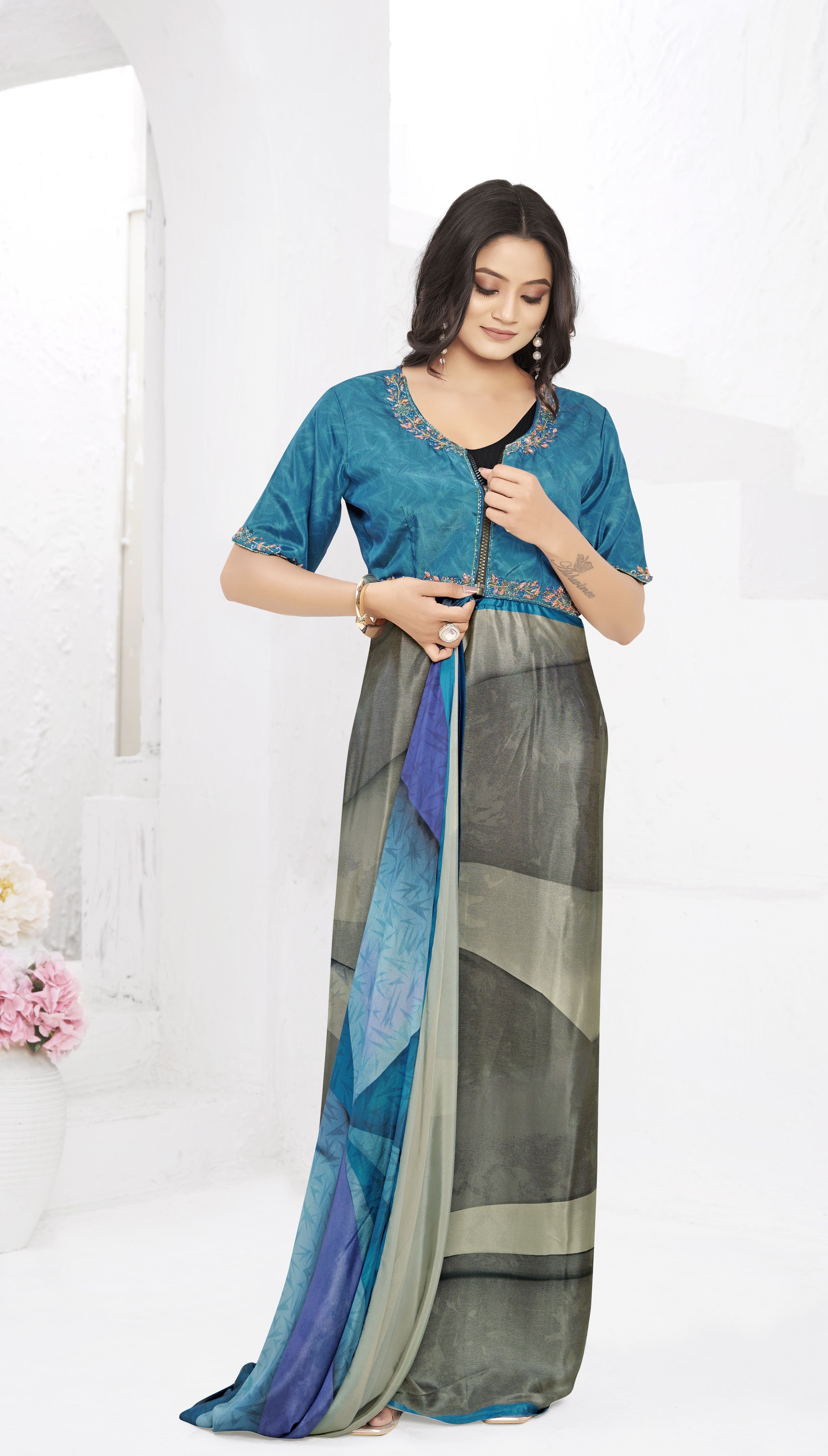 Multy Ready To Wear Gown Style Designer Printed Saree With Embroidery Work Blouse