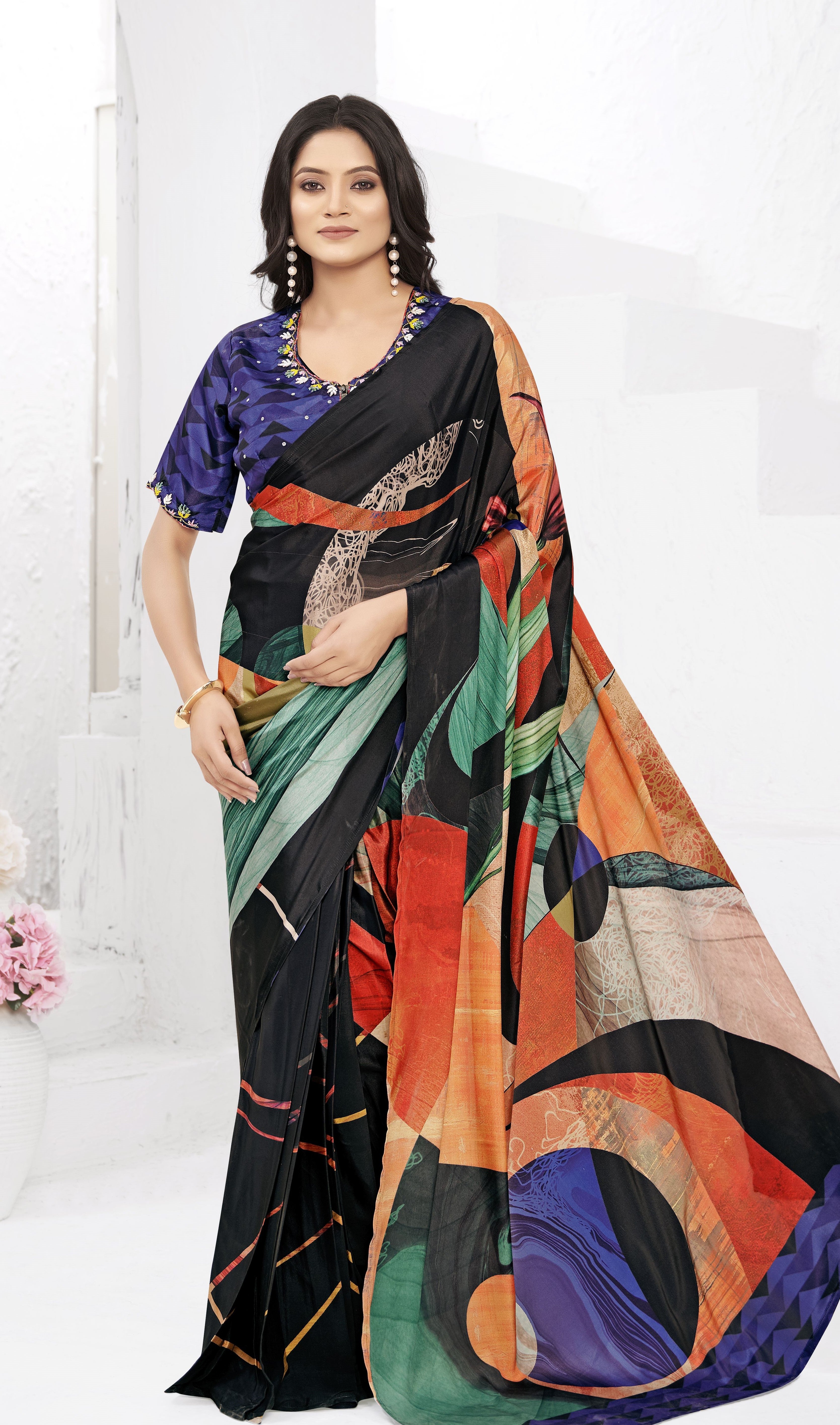 Multy Ready To Wear Gown Style Designer Printed Saree With Embroidery Work Blouse