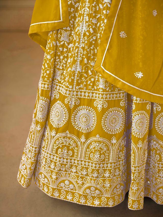 Mustard Anarkali Suit With Heavy Thread Embroidery With Sequis Work