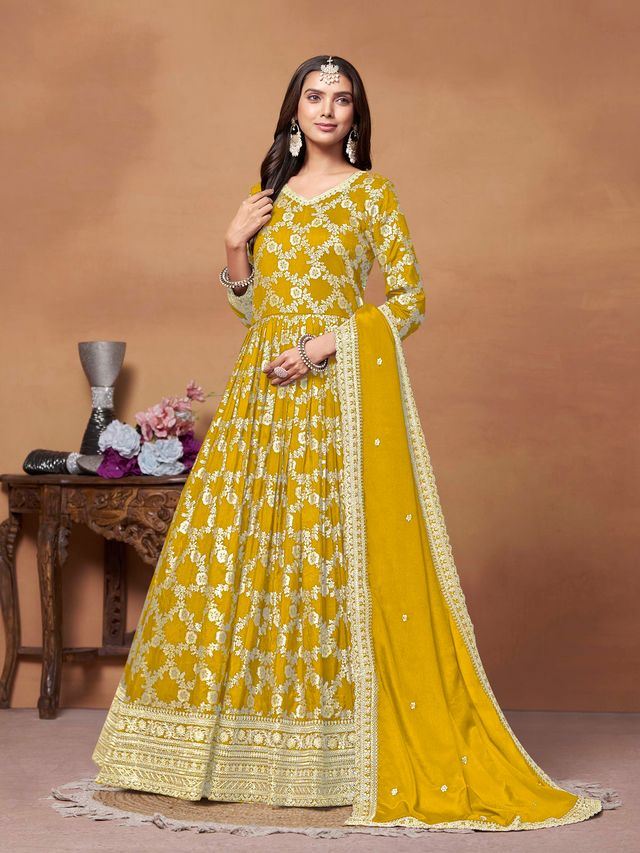 Mustard Anarkali Suit With Jacquard Woven With Thread Embroidery Work