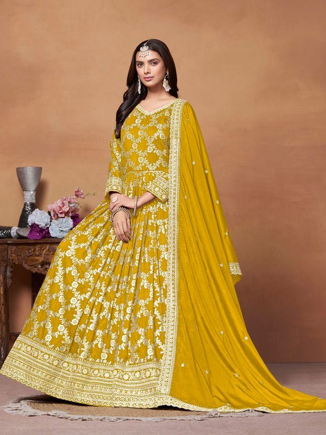 Mustard Anarkali Suit With Jacquard Woven With Thread Embroidery Work
