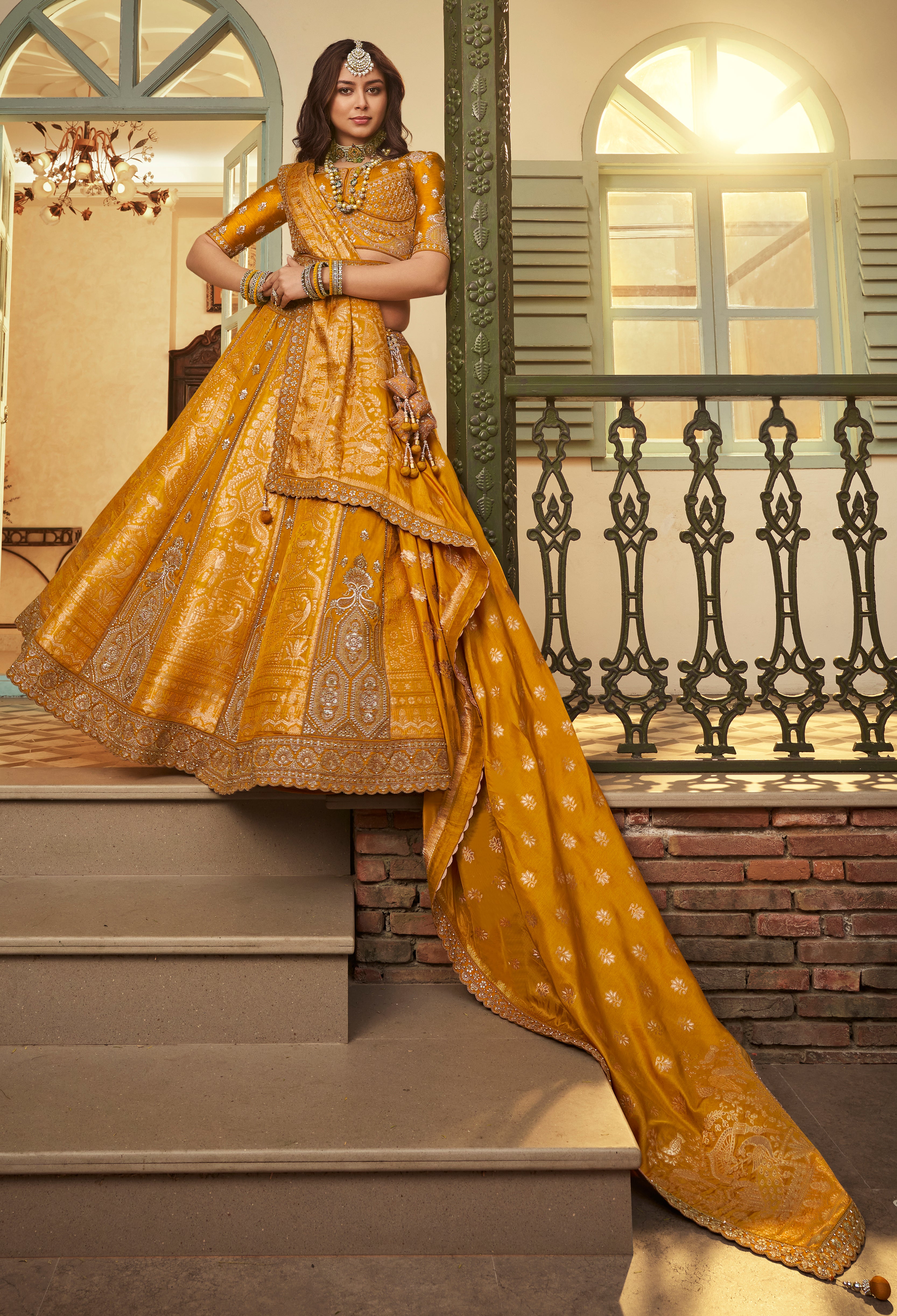 Mustard Banarasi Premium Silk Lehenga Choli With Heavy Thread Embroidery, Sequence, Swarovski ,Stone With Zari, Khatli Weaving Work