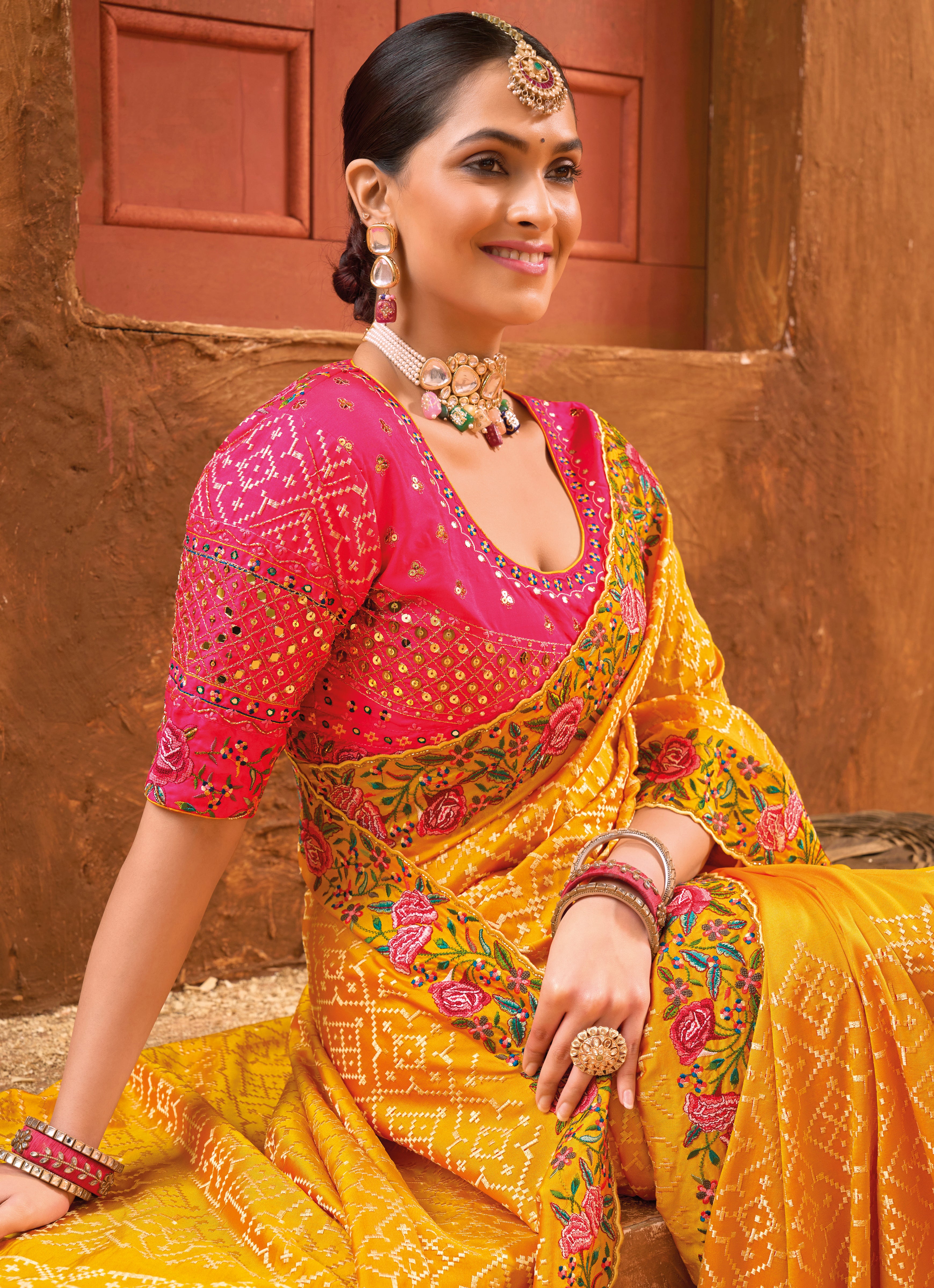 Mustard Banarasi Silk Saree With Pure kacchi, Diamond and Mirror Work