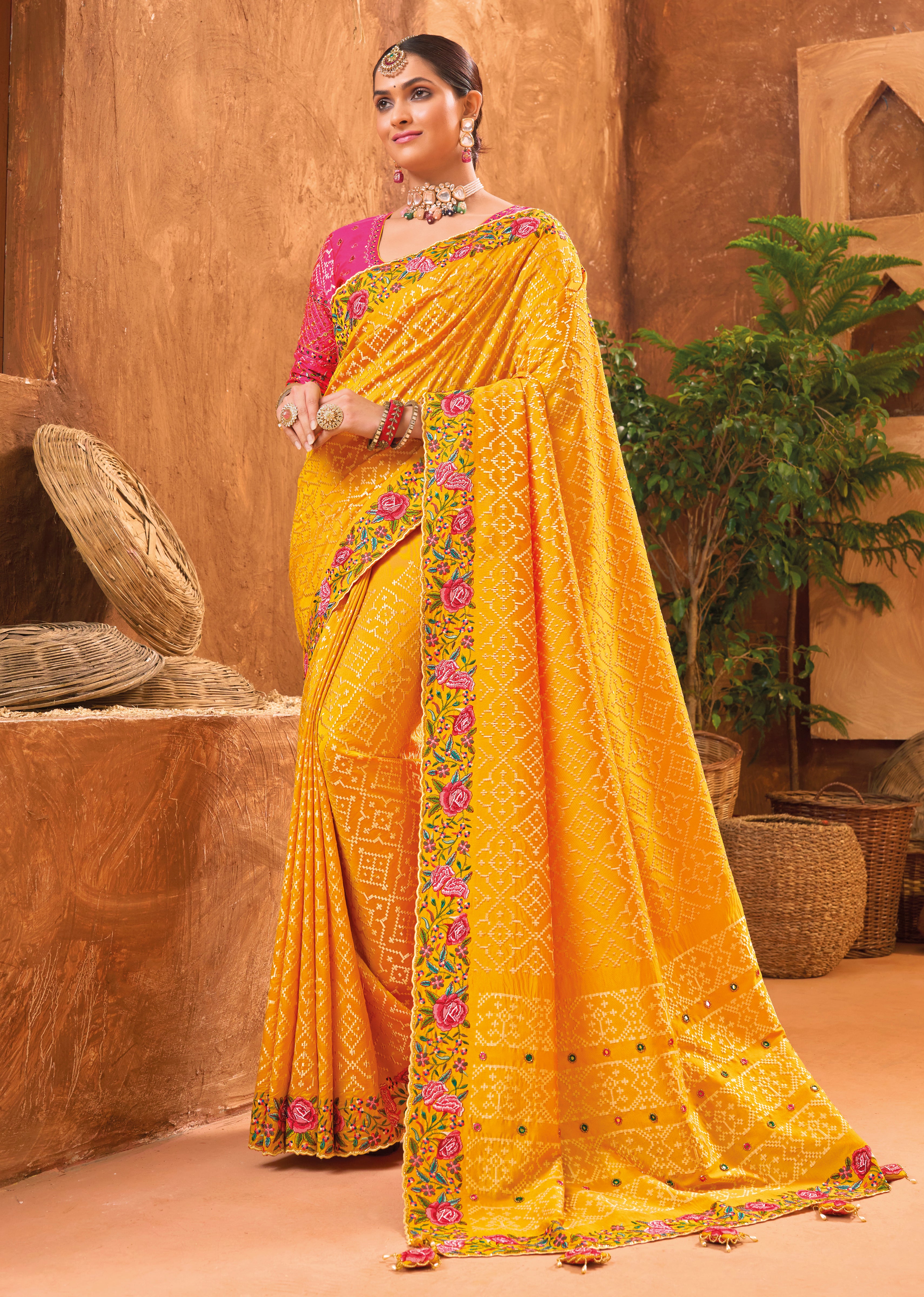 Mustard Banarasi Silk Saree With Pure kacchi, Diamond and Mirror Work