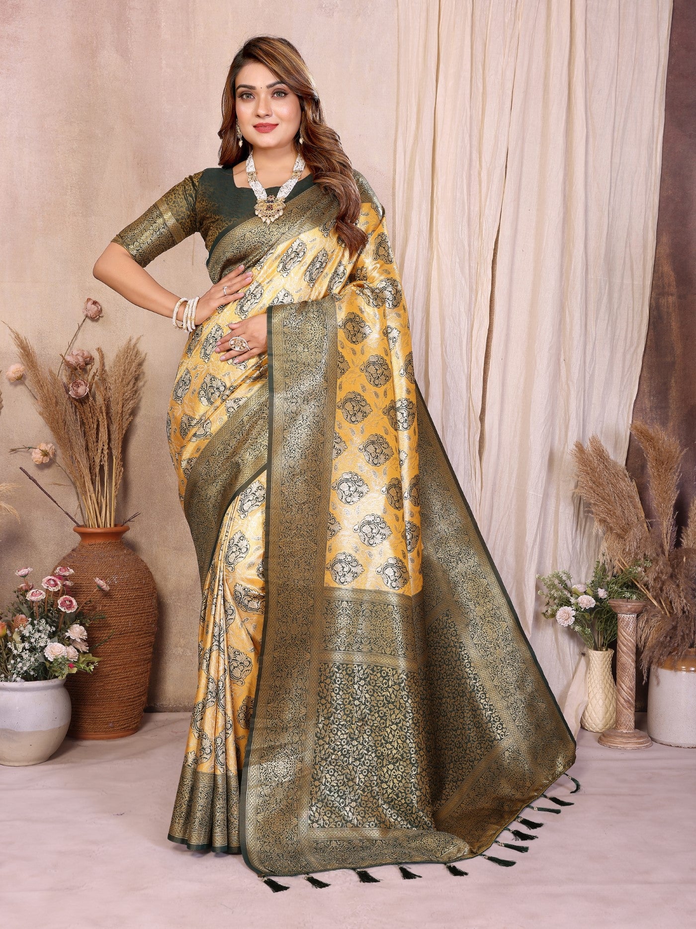 Mustard Banarasi Tissue Silk Saree With Traditional Weaving