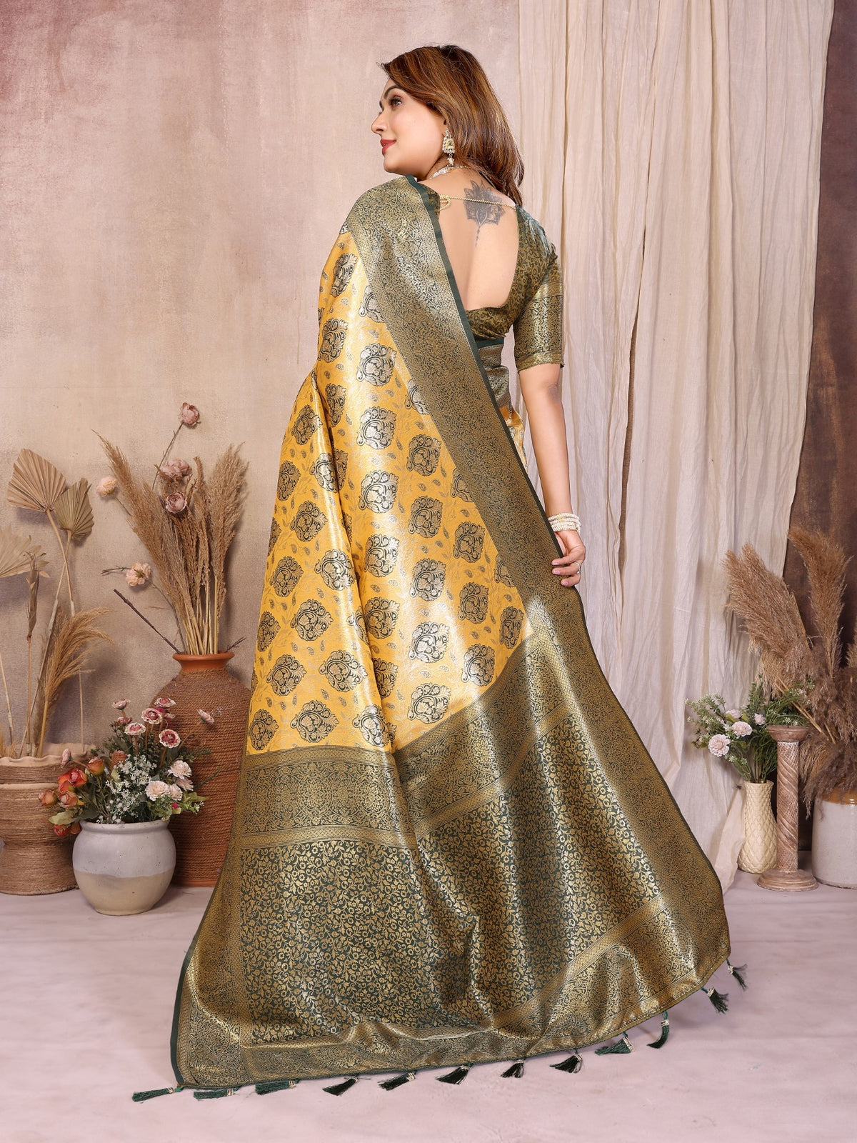 Mustard Banarasi Tissue Silk Saree With Traditional Weaving