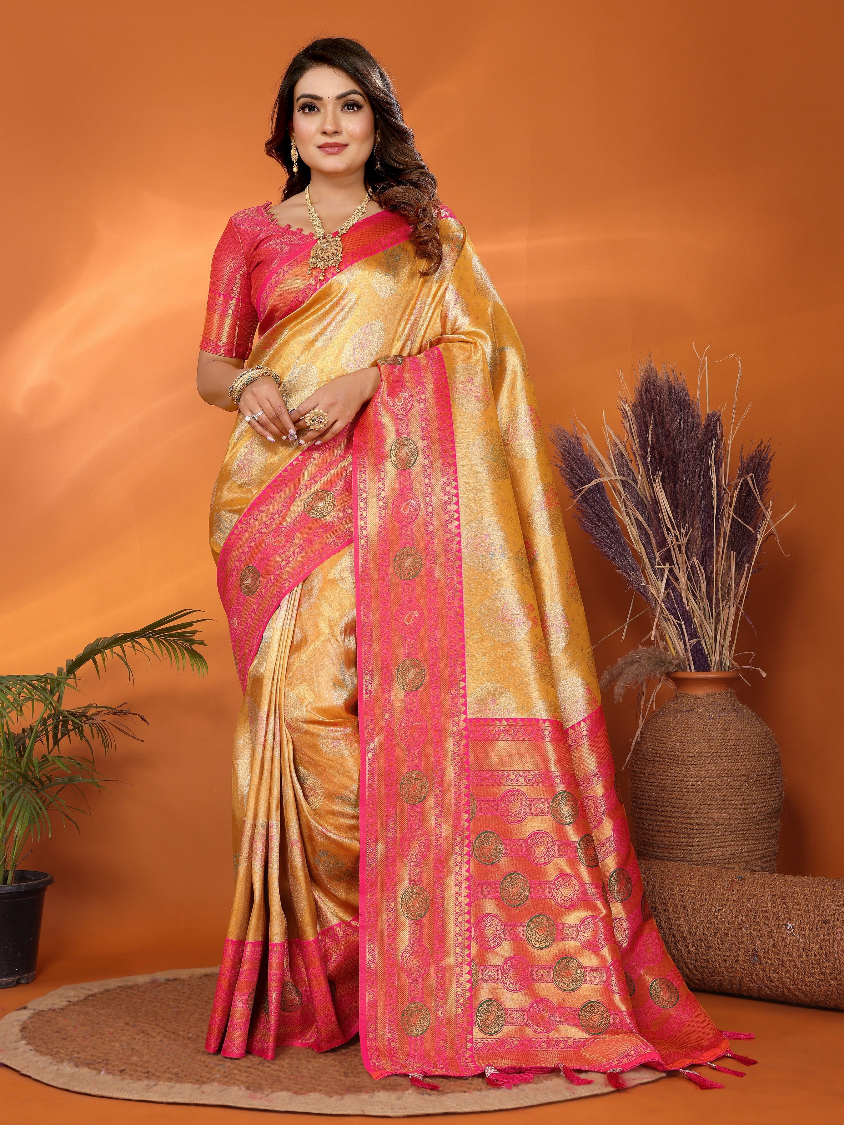 Mustard Banarasi Tissue Silk Saree With Woven Paithani Designer