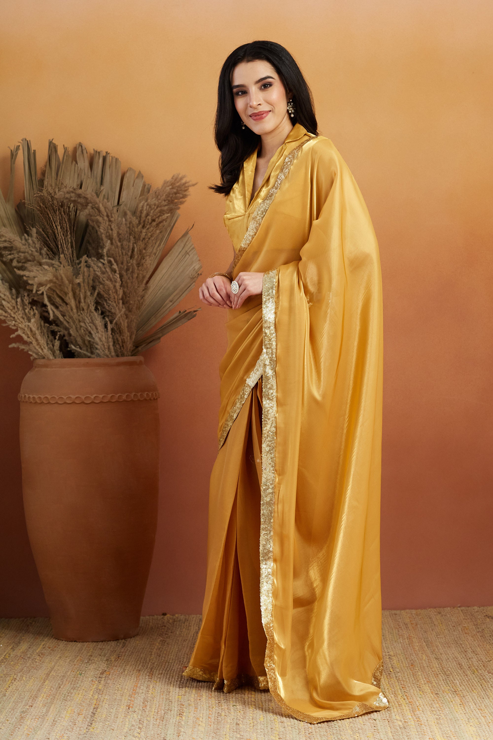 Mustard Beautiful Velvet Ceremonial Wear Bollywood Saree