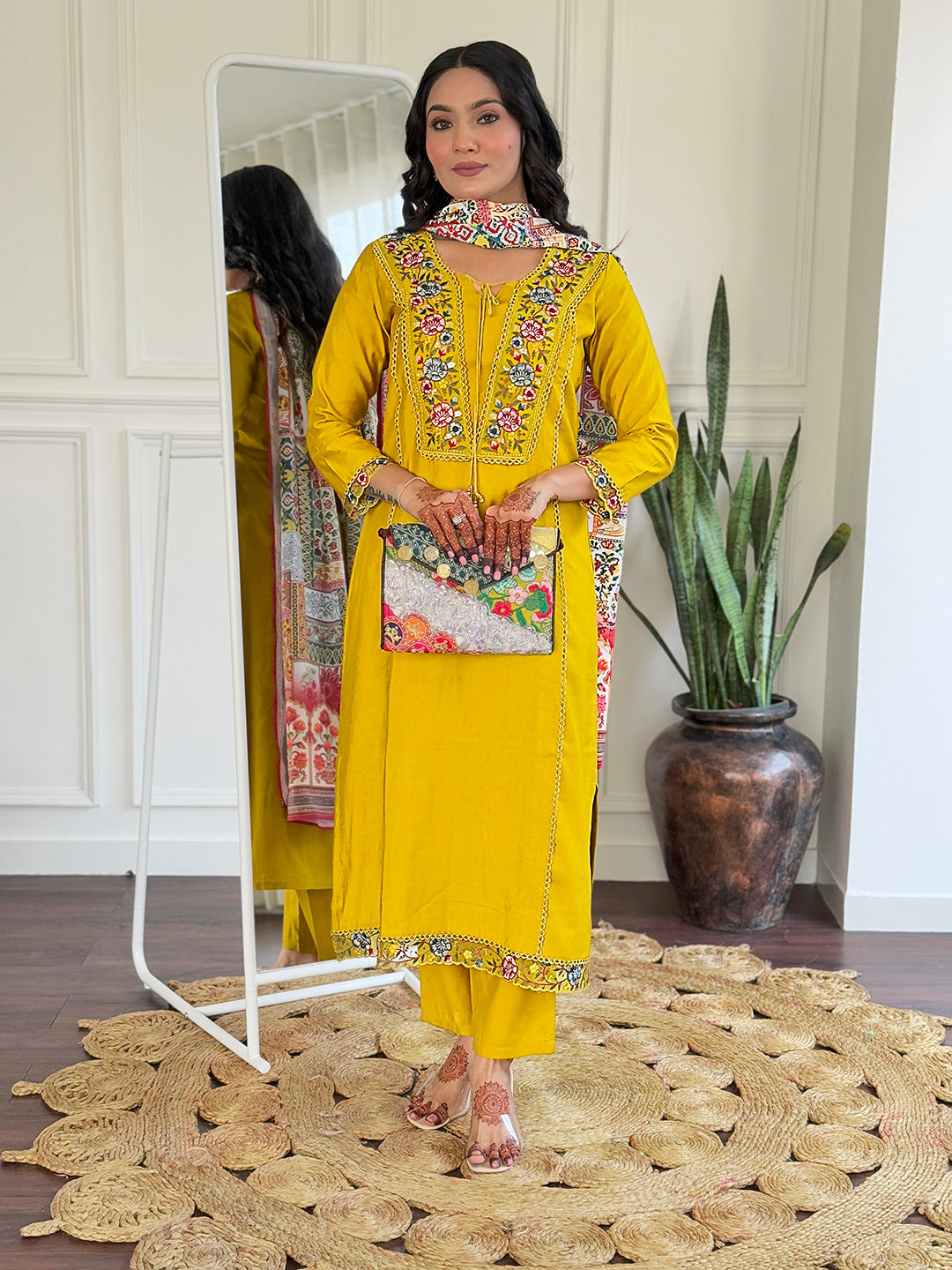 Mustard Bsy Viscose Elegant Kurta Pant Set With Thread Work