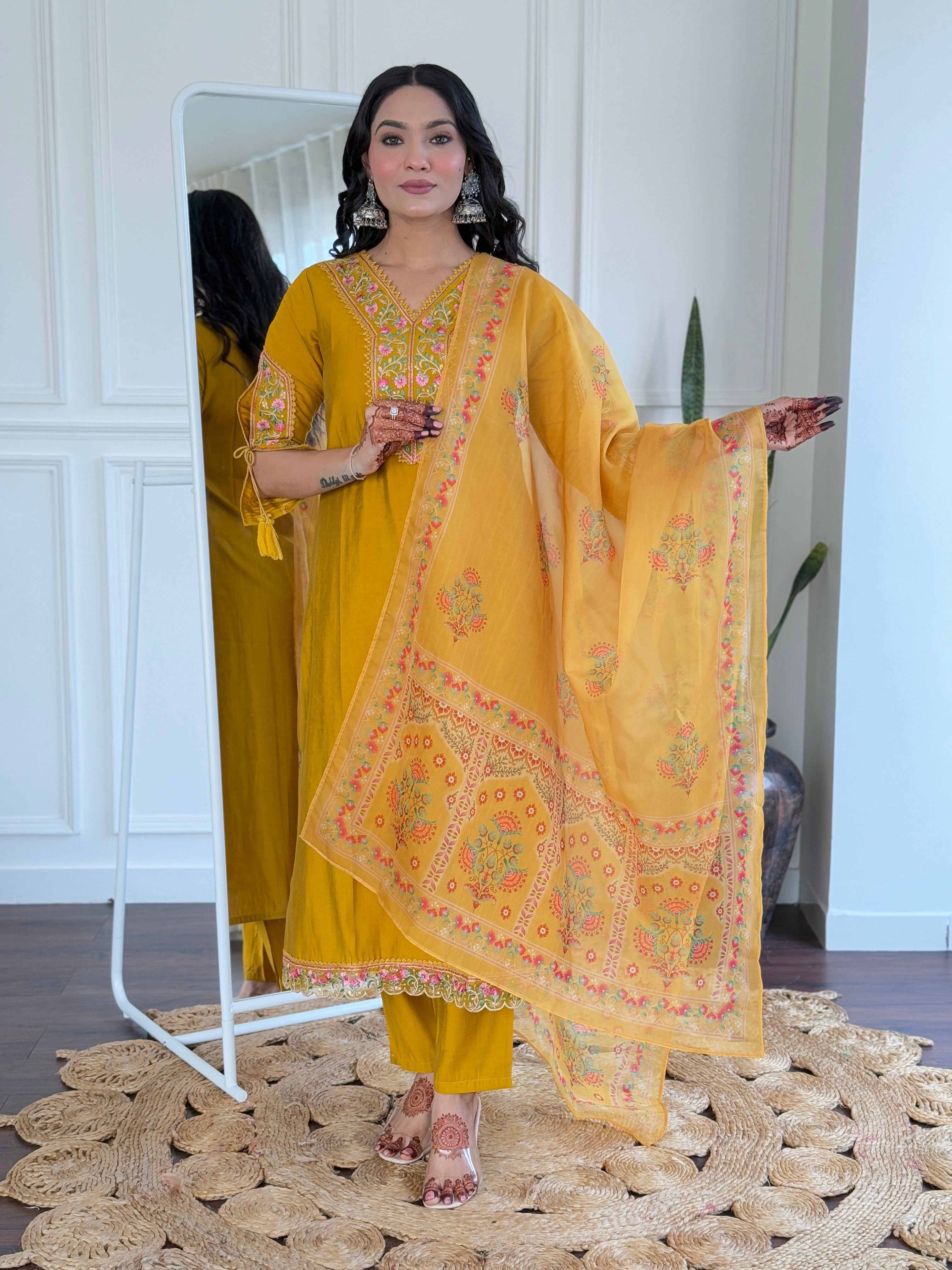 Mustard Bsy Viscose Elegant Kurta Pant Set With Thread Work