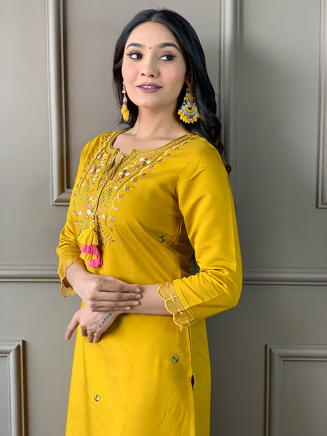 Mustard Chanderi Elegant Kurta Pant Set With Embroidery Work