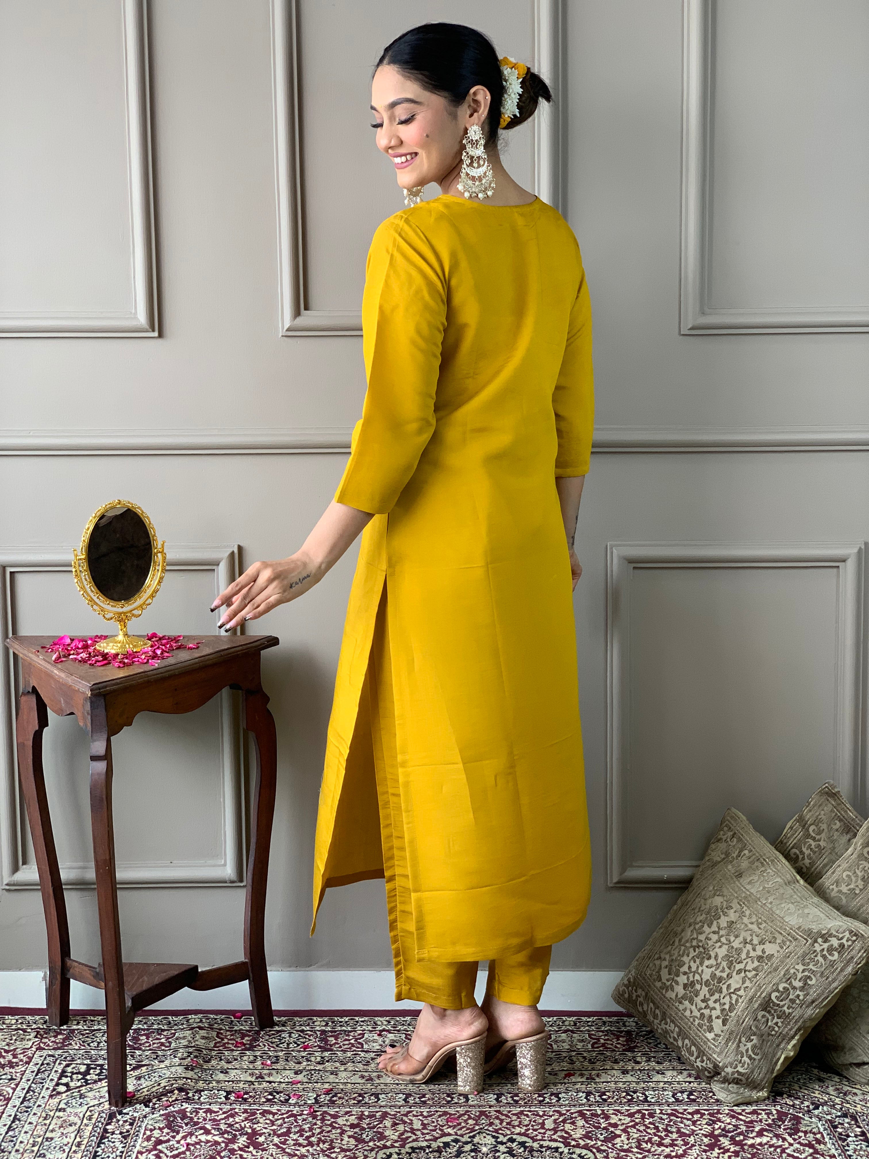 Mustard Chanderi Elegant Kurta Pant Set With Embroidery Work
