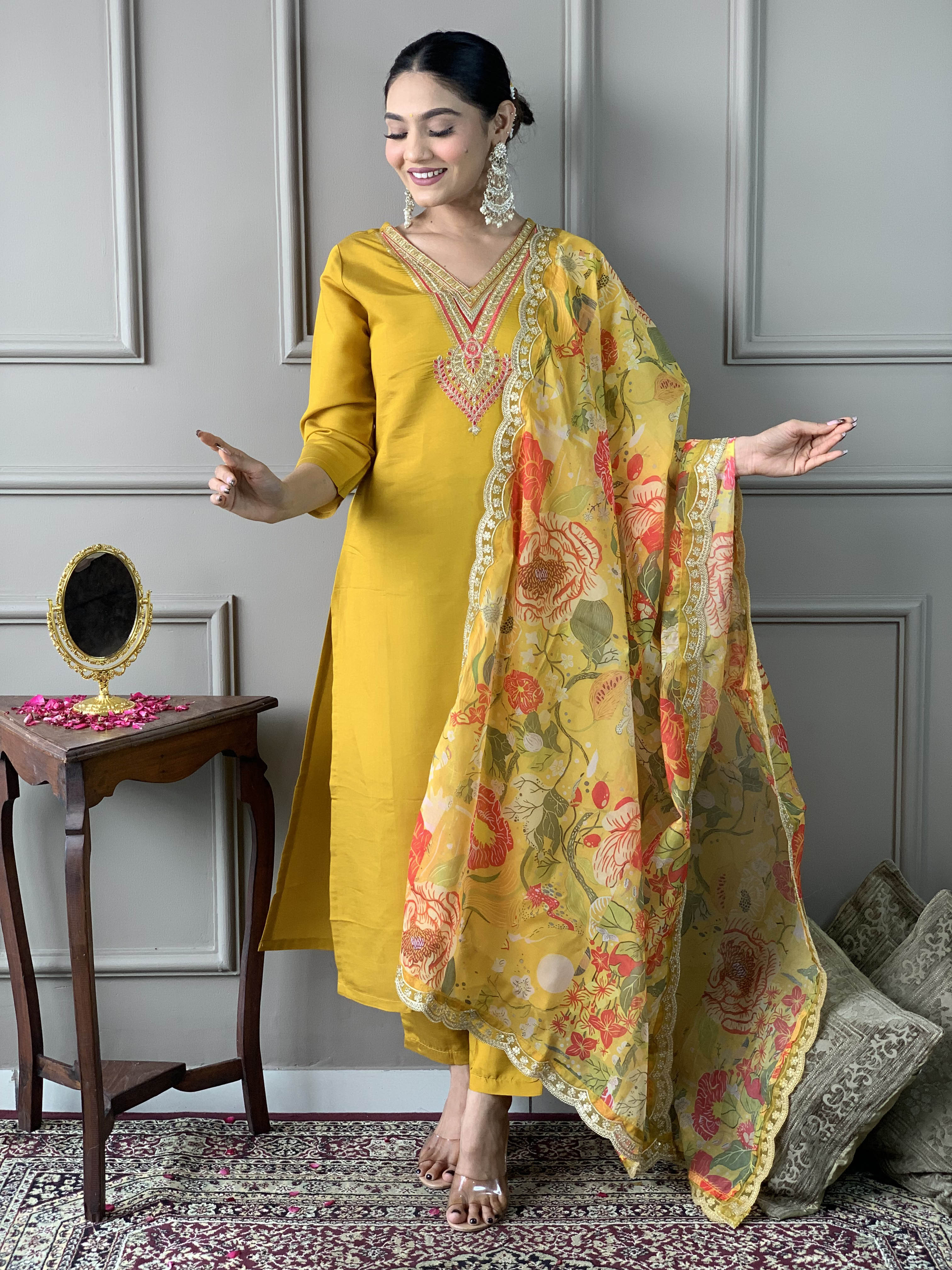 Mustard Chanderi Elegant Kurta Pant Set With Embroidery Work