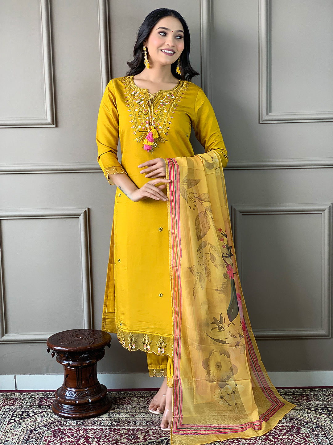 Mustard Chanderi Elegant Kurta Pant Set With Embroidery Work