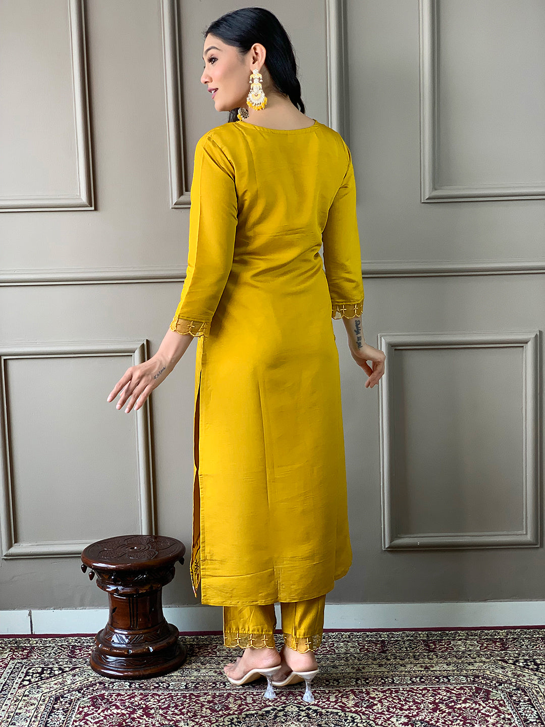 Mustard Chanderi Elegant Kurta Pant Set With Embroidery Work