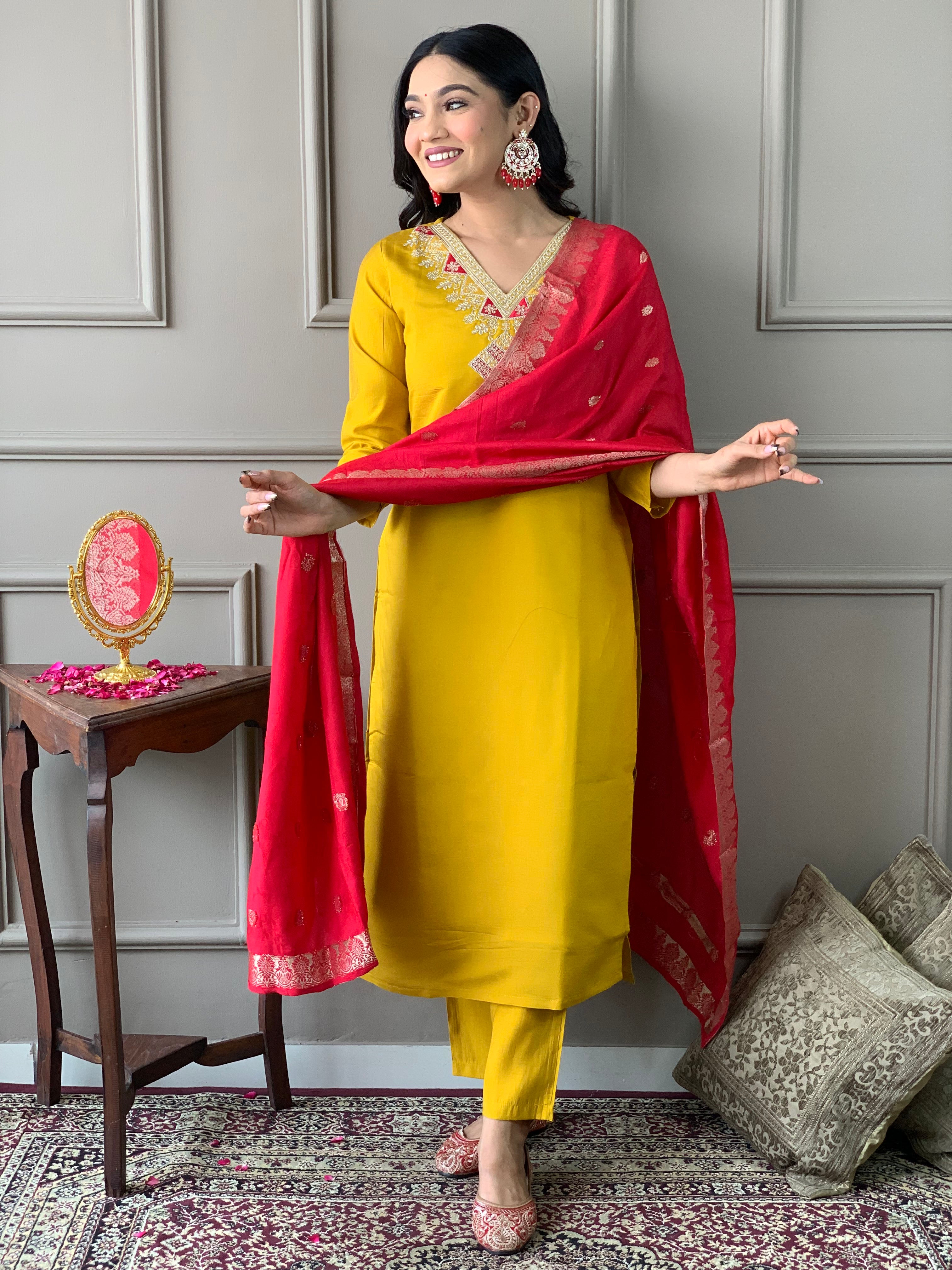 Mustard Chanderi Elegant Kurta Pant Set With Embroidery Work