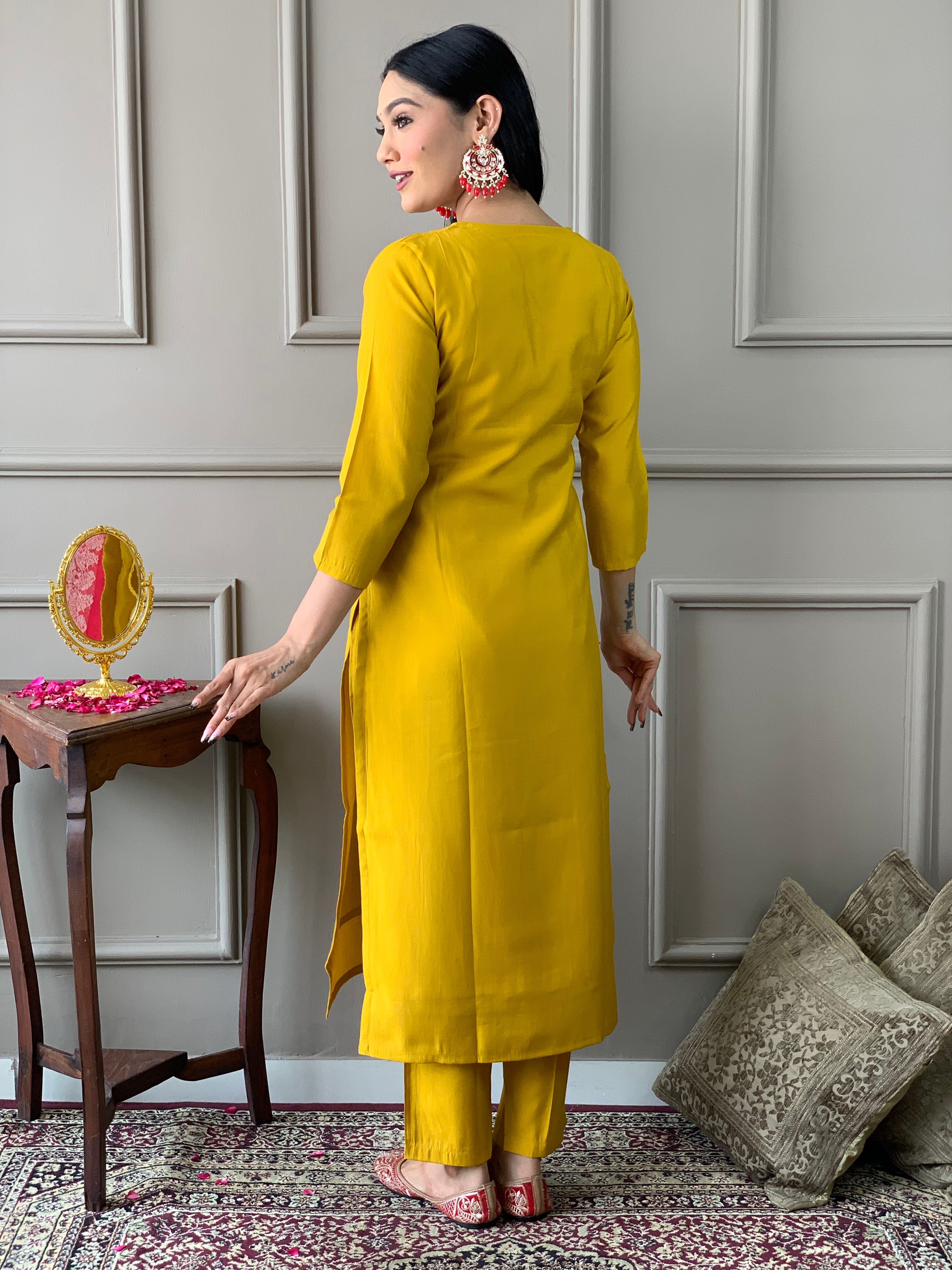 Mustard Chanderi Elegant Kurta Pant Set With Embroidery Work