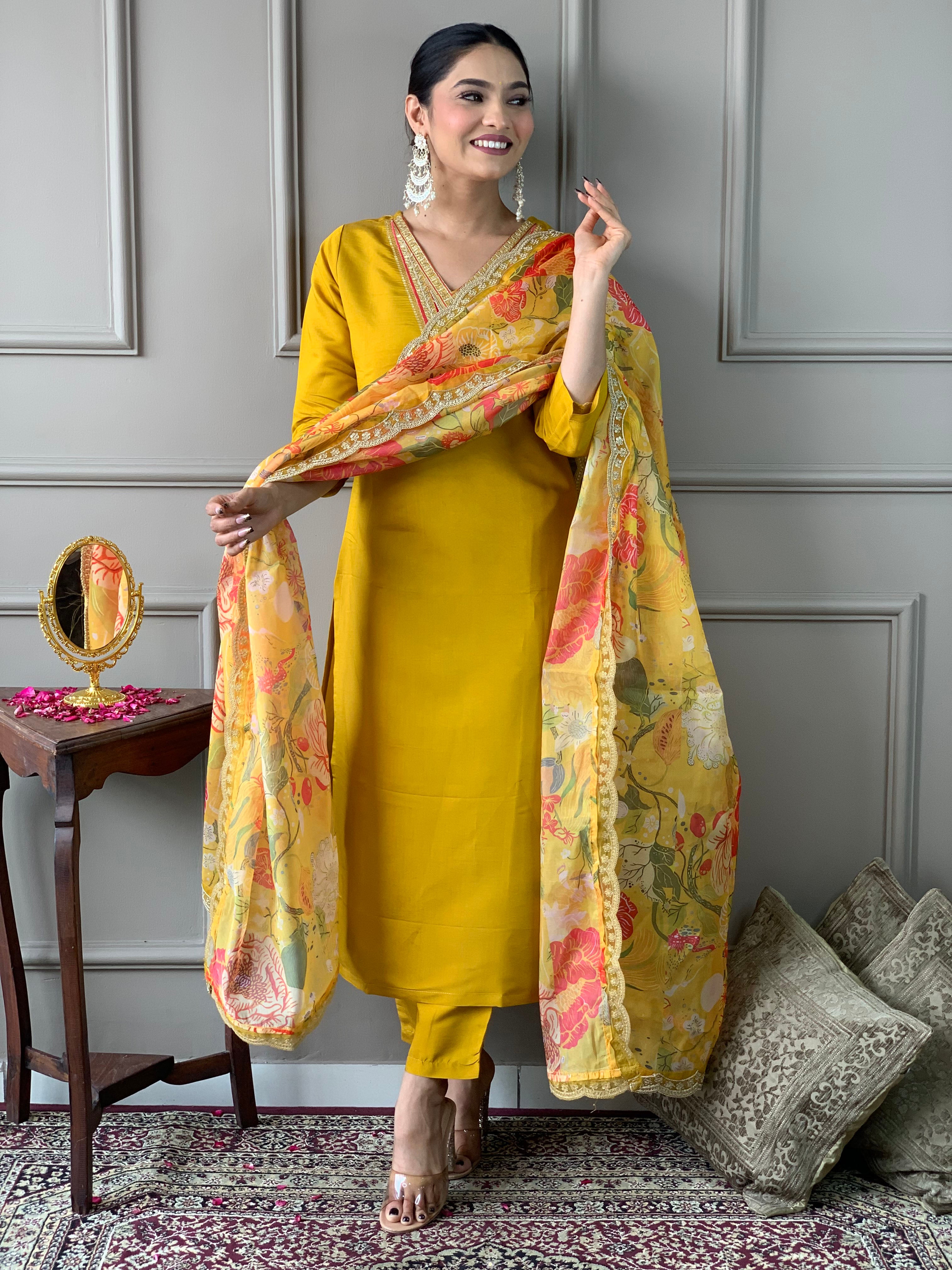 Mustard Chanderi Kurta Pant with Heavy Thread Embroidery Work With Printed Dupatta
