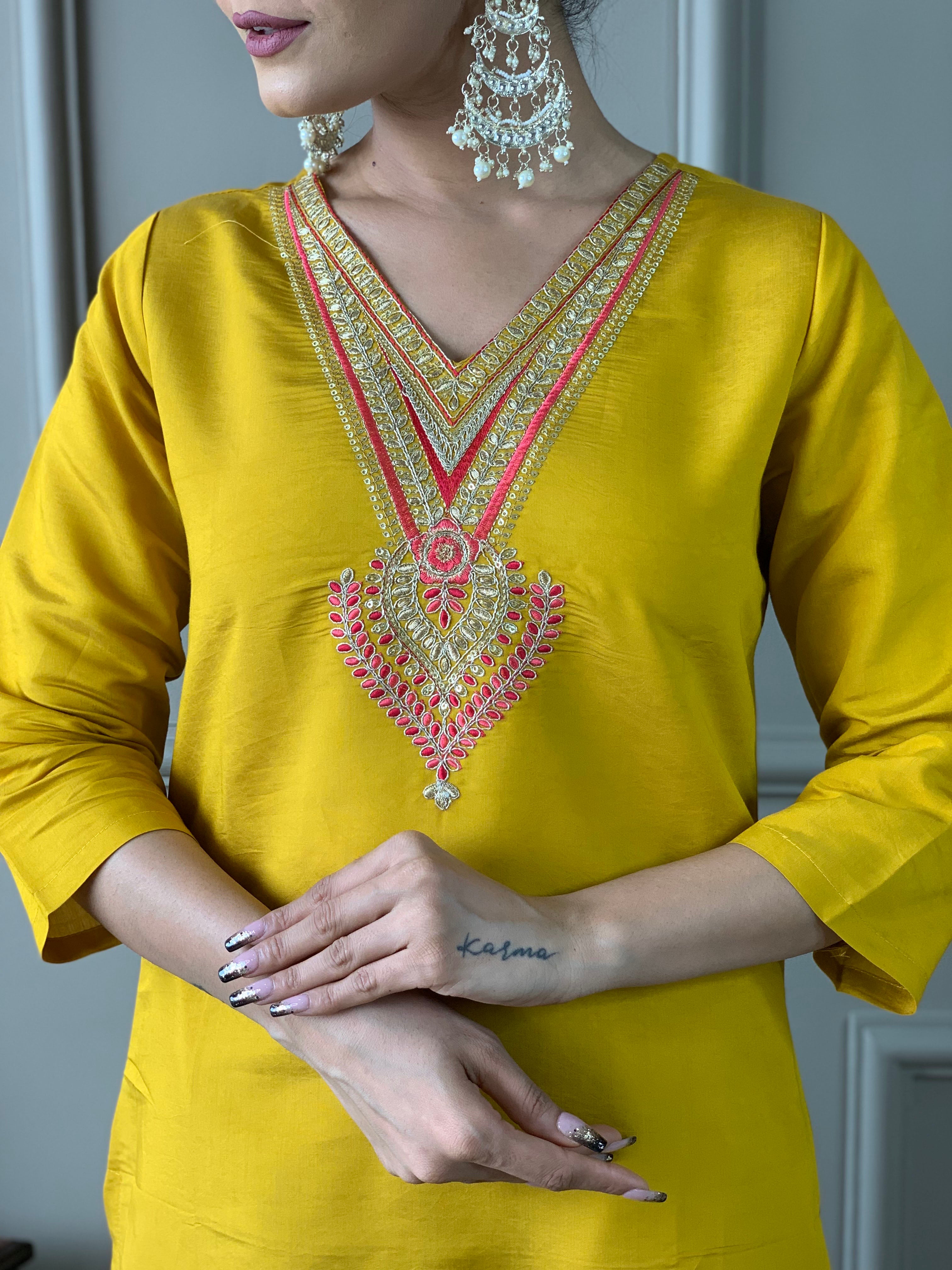 Mustard Chanderi Kurta Pant with Heavy Thread Embroidery Work With Printed Dupatta