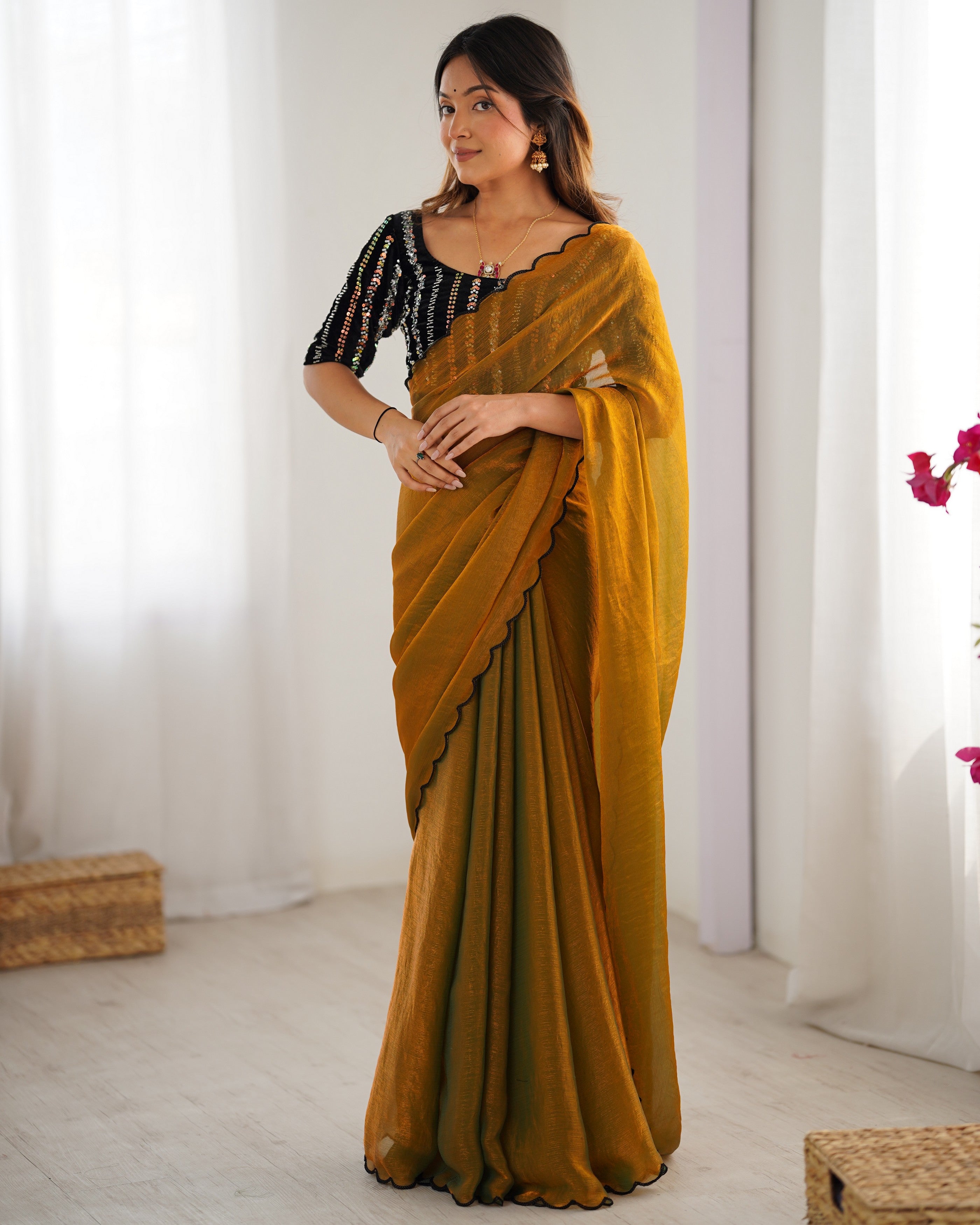 Mustard Chiffon Beautiful Bollywood Style Show Stopper Saree