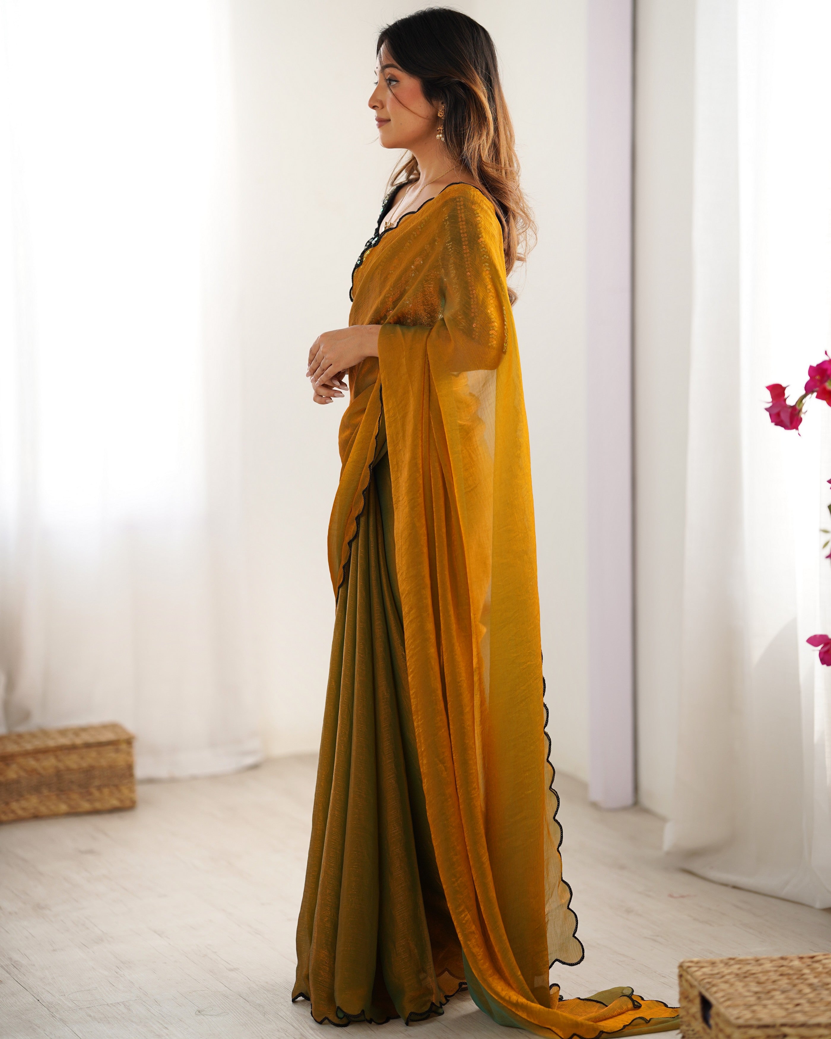 Mustard Chiffon Beautiful Bollywood Style Show Stopper Saree