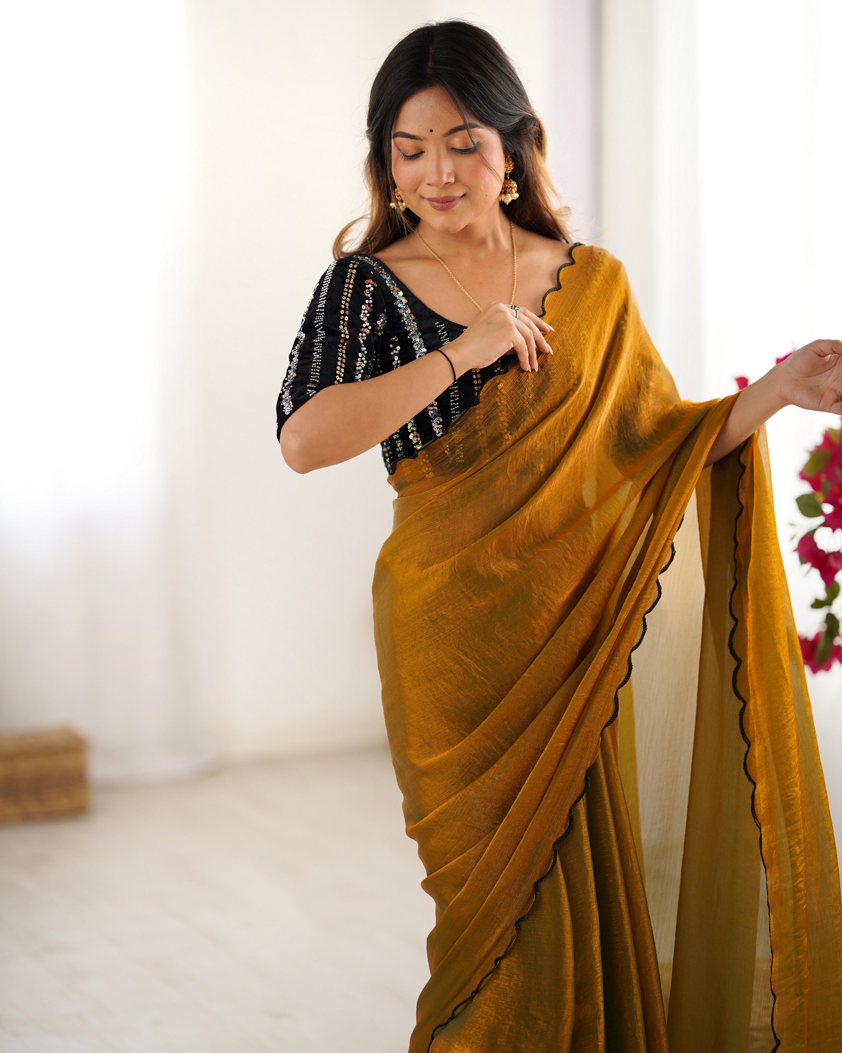 Mustard Chiffon Beautiful Bollywood Style Show Stopper Saree