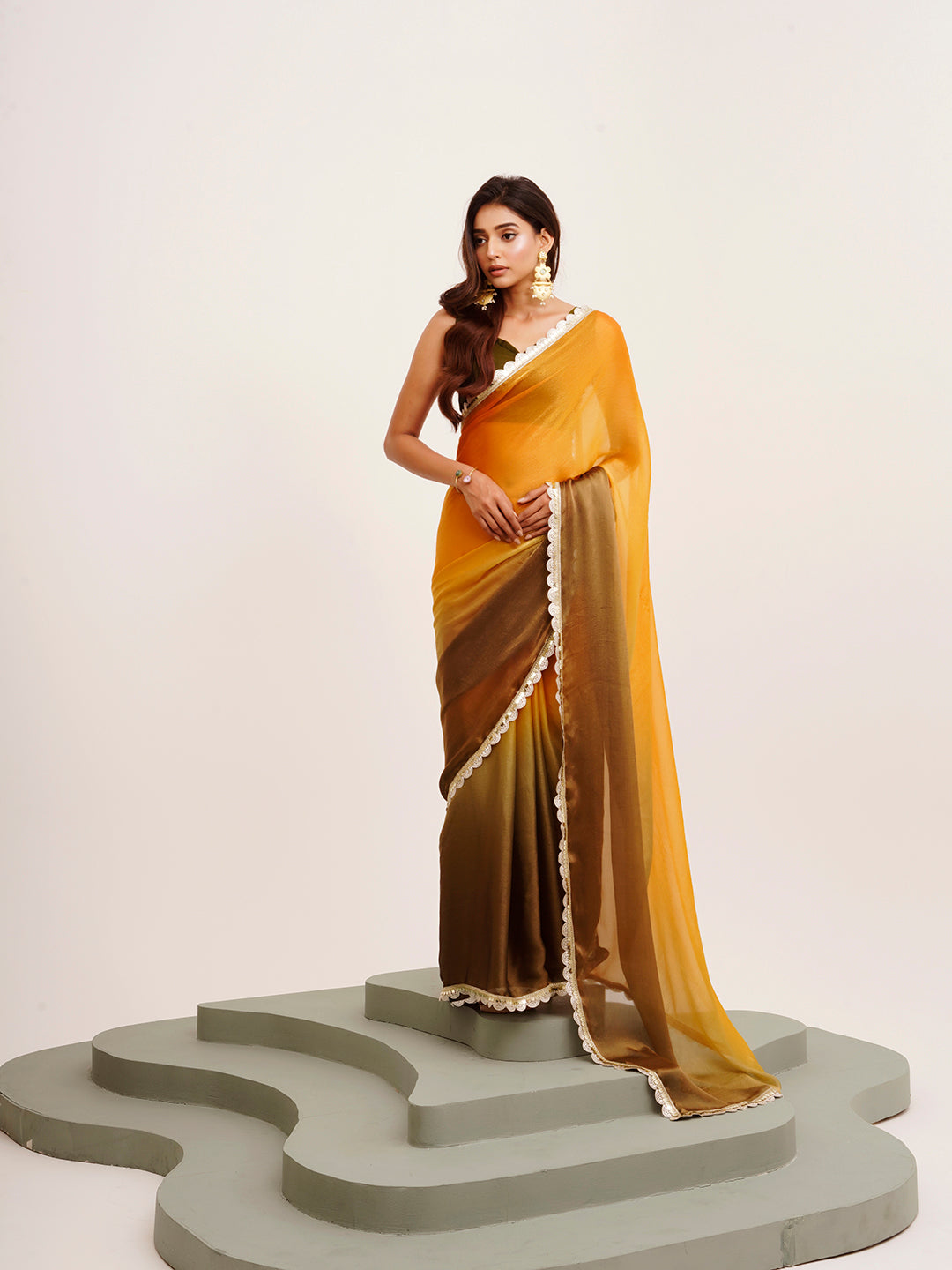 Mustard Chiffon Embellished Sequinned Work Fancy Saree