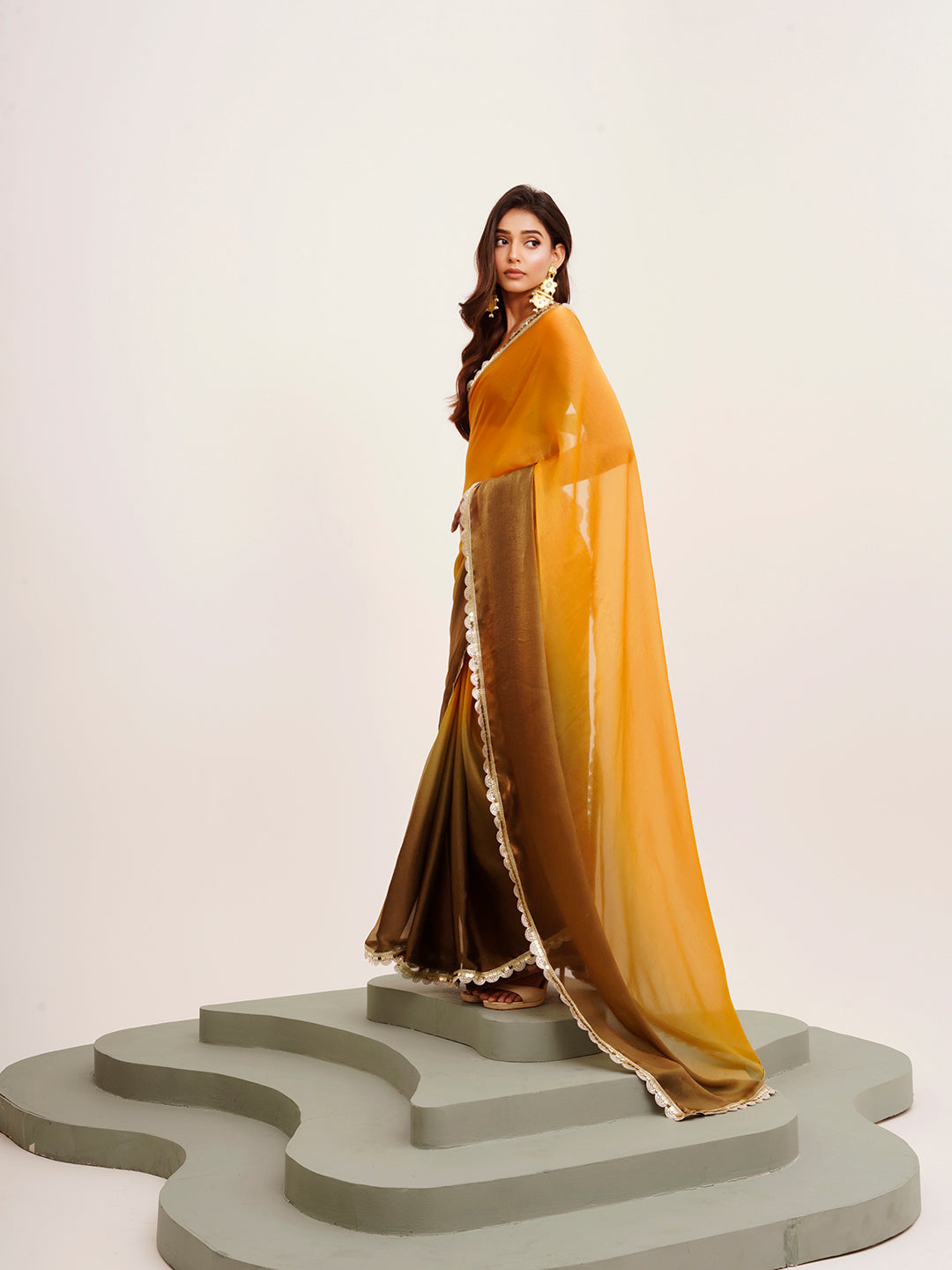 Mustard Chiffon Embellished Sequinned Work Fancy Saree