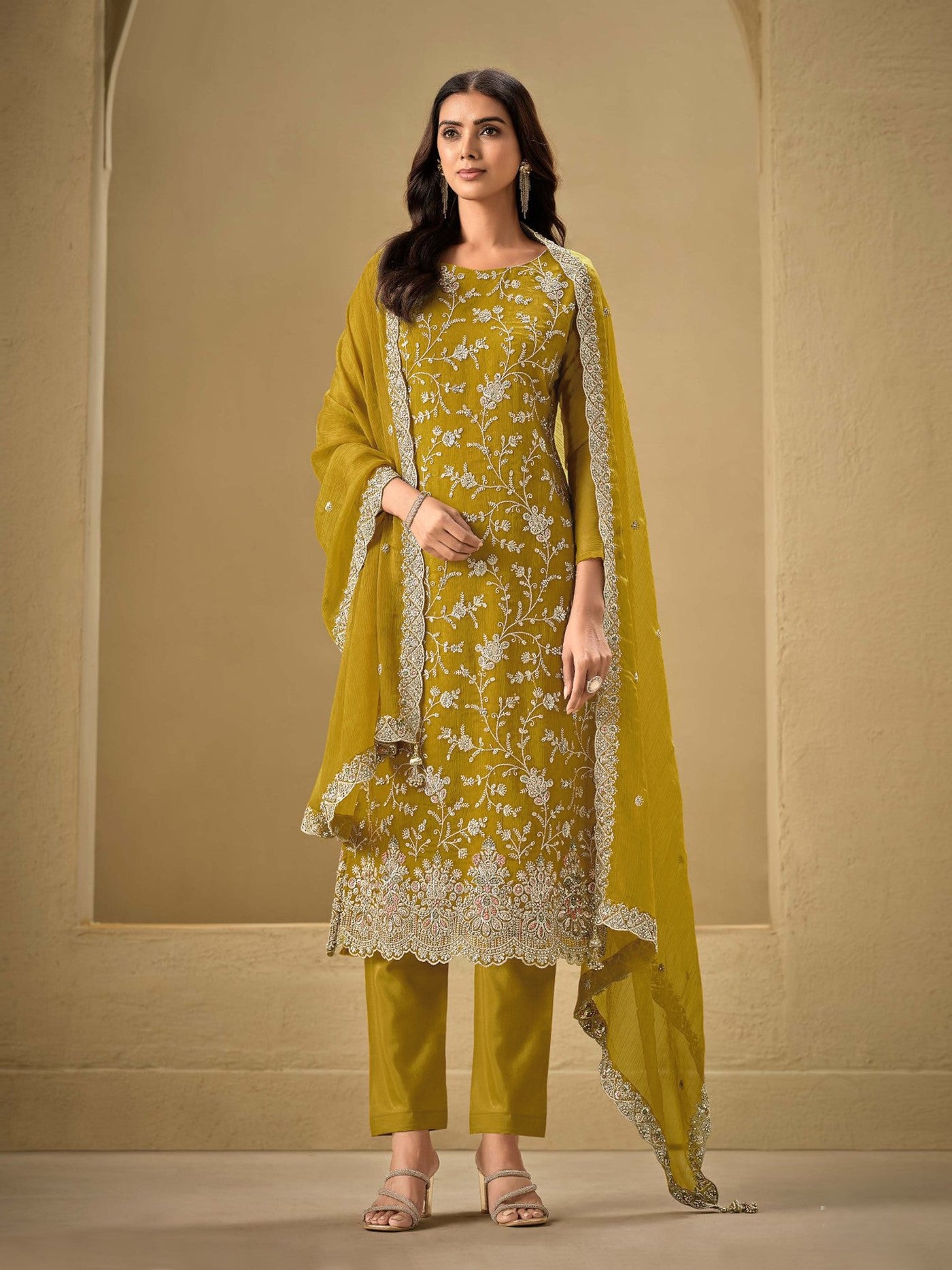 Mustard Chinon Designer Suit Set With Elegant Embroidery