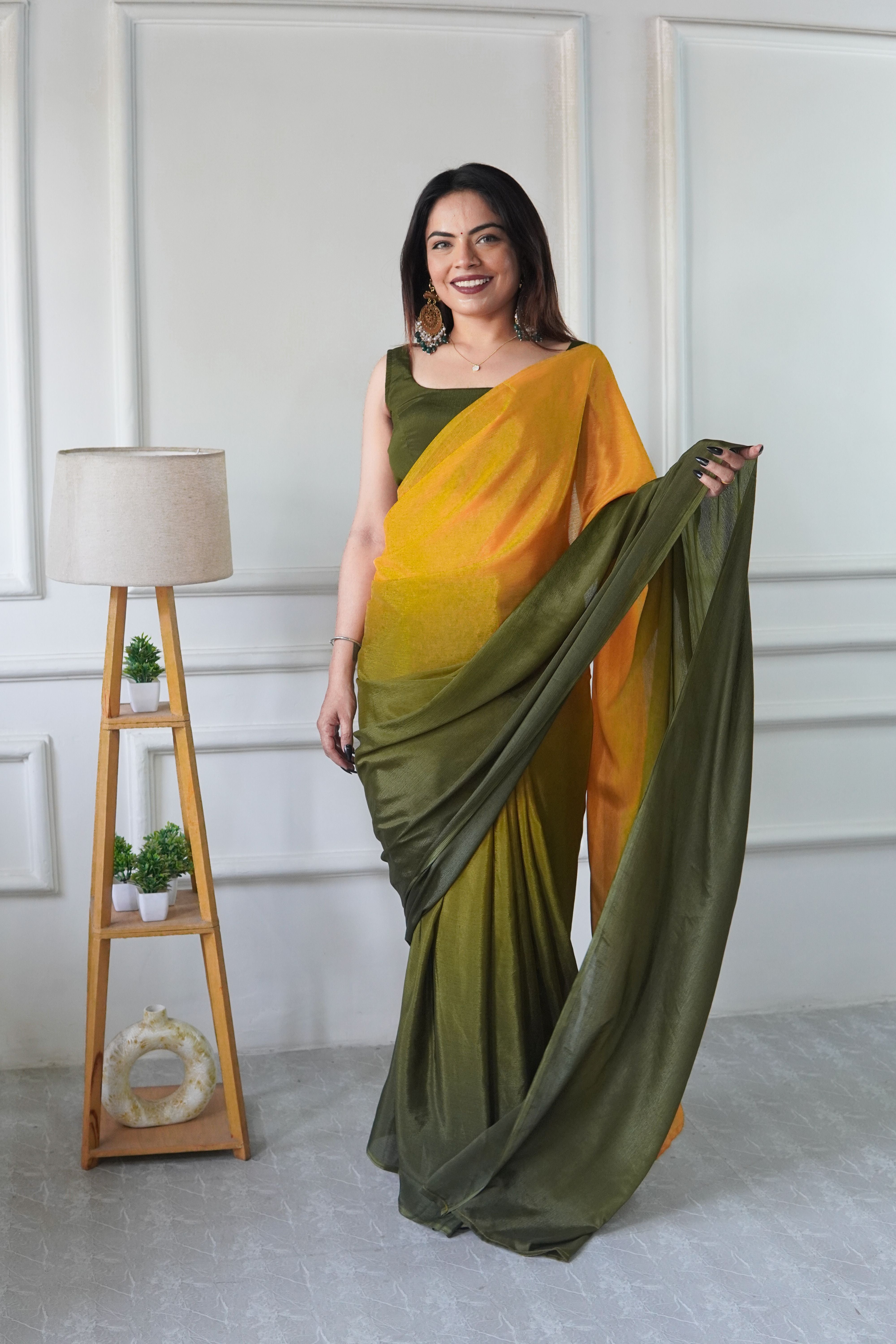 Mustard Chinon Pedding Solid Designer Ready To Wear Saree