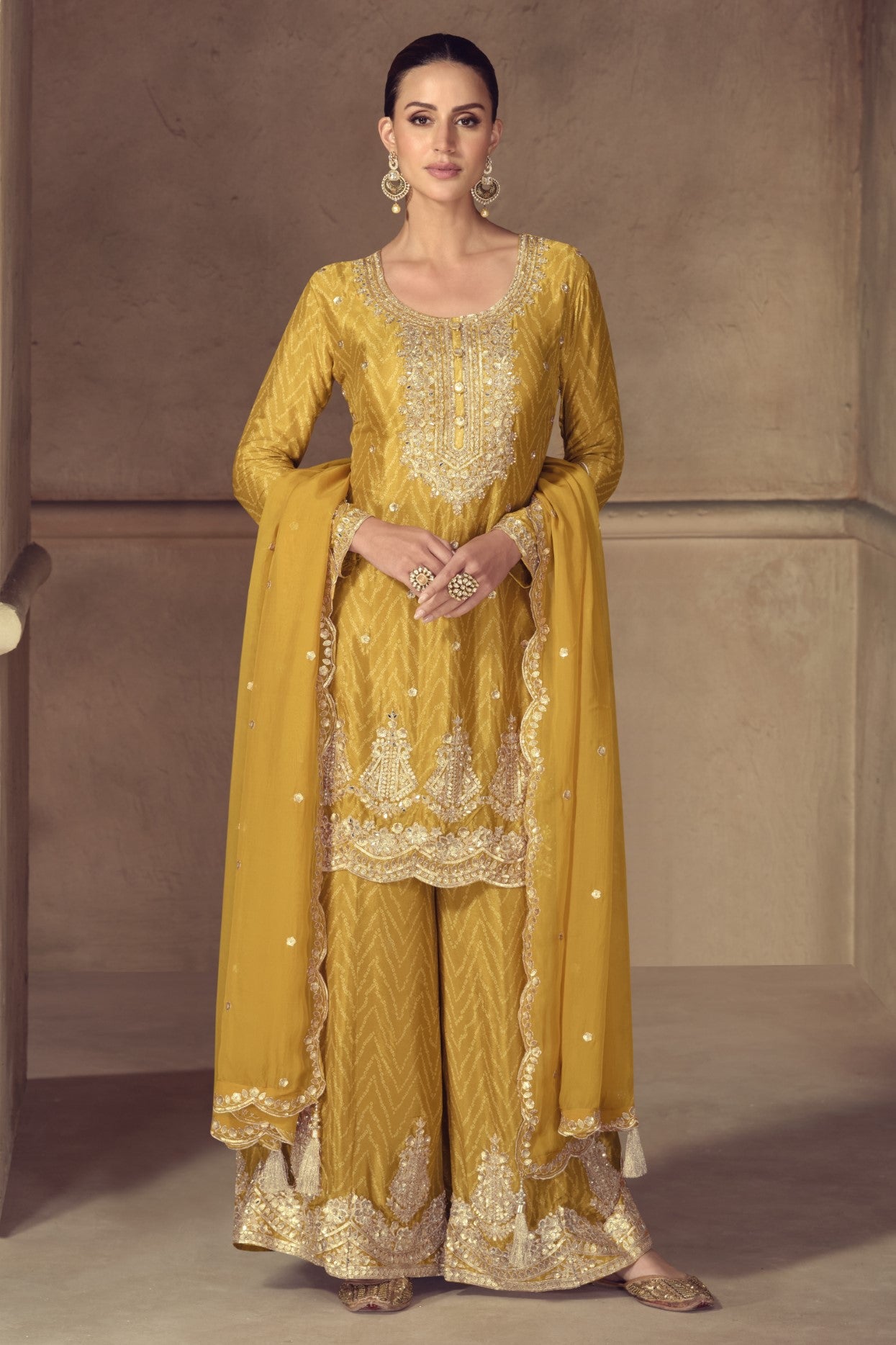 Mustard Chinon Silk Salwar Suit With Digital Print Embroidery