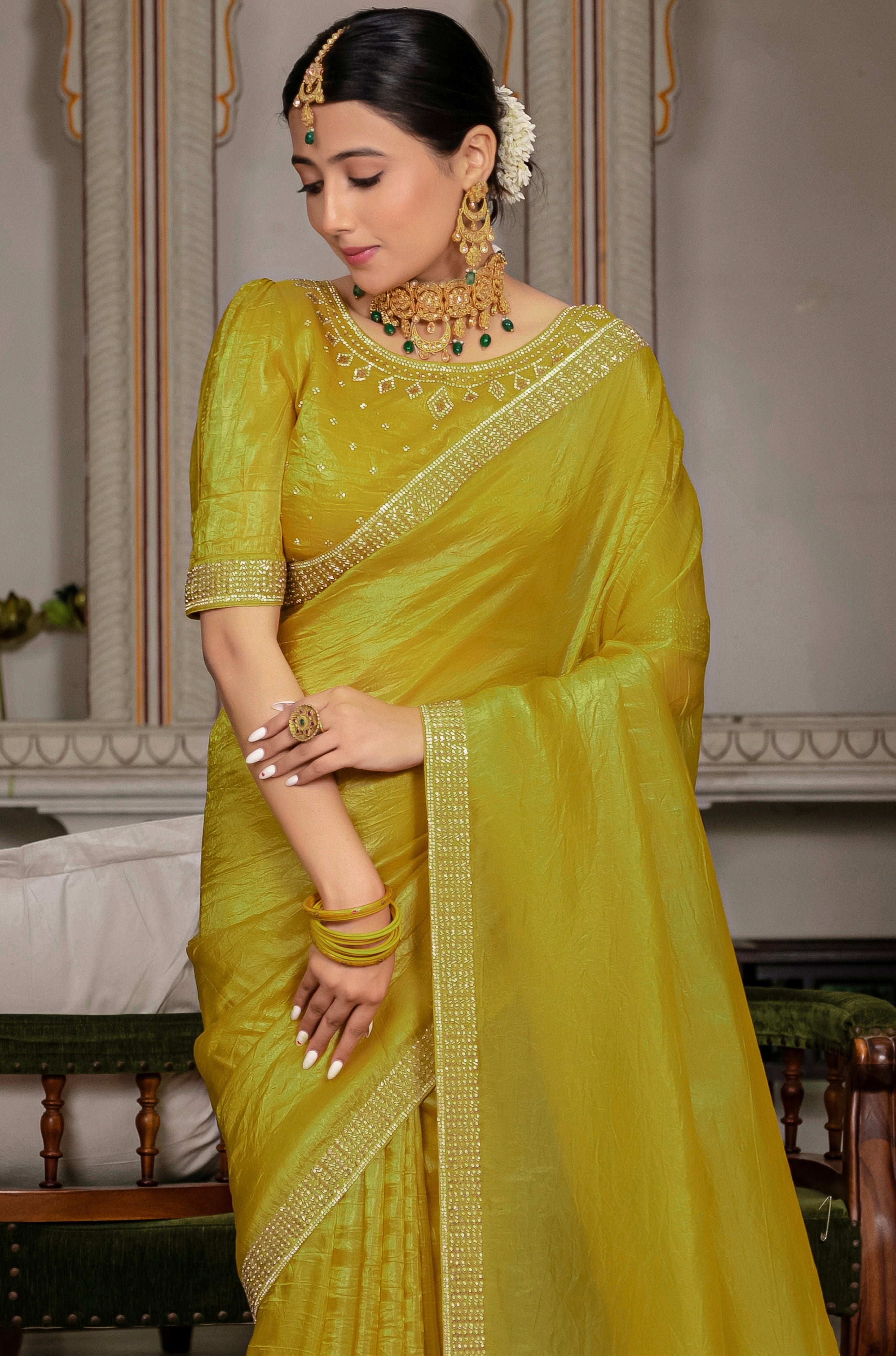 Mustard Color Gold Crush Saree With Cutdana With Zarkan Work