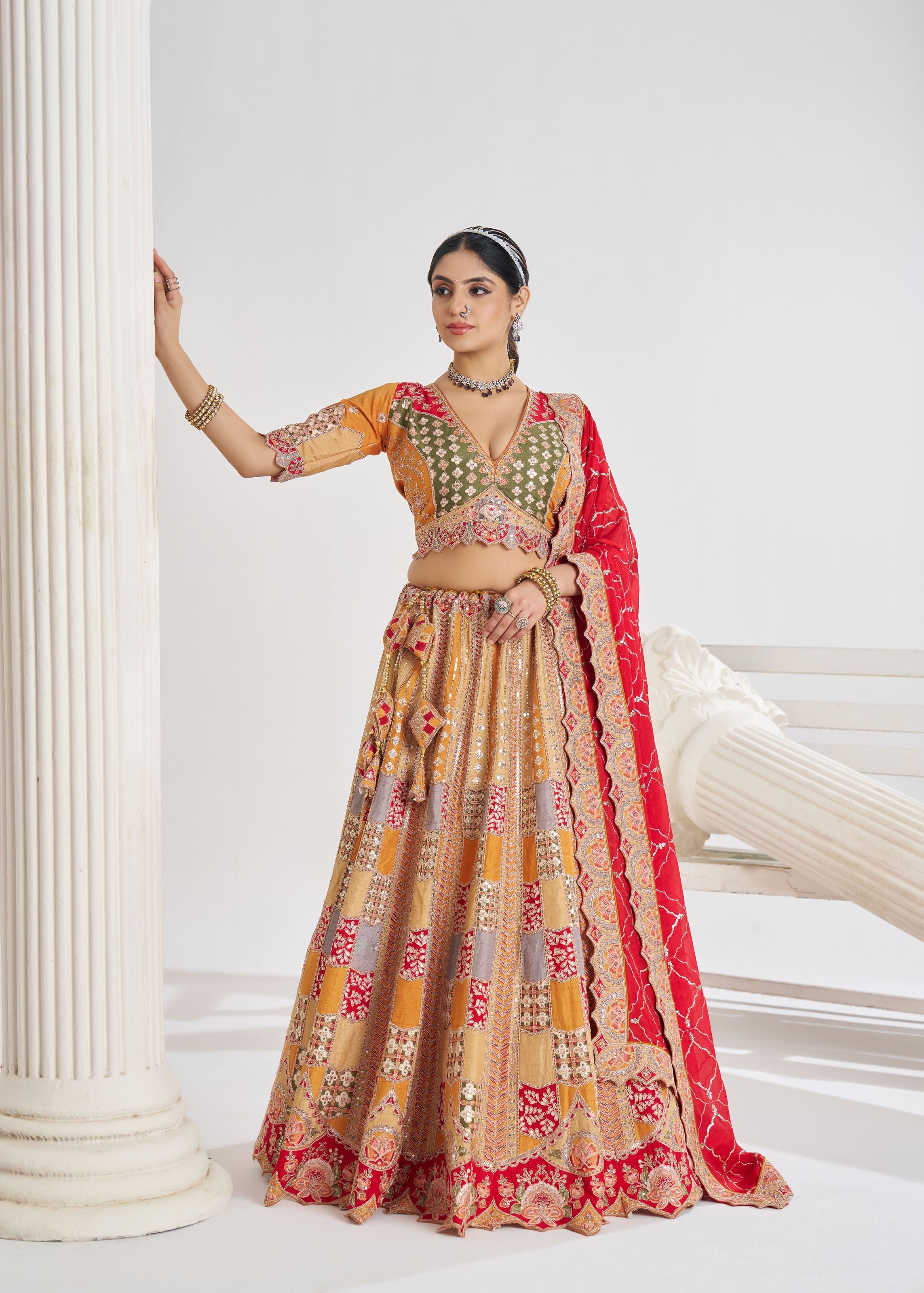 Mustard Color Position Print Jaal Patterned Party Wear Lehenga