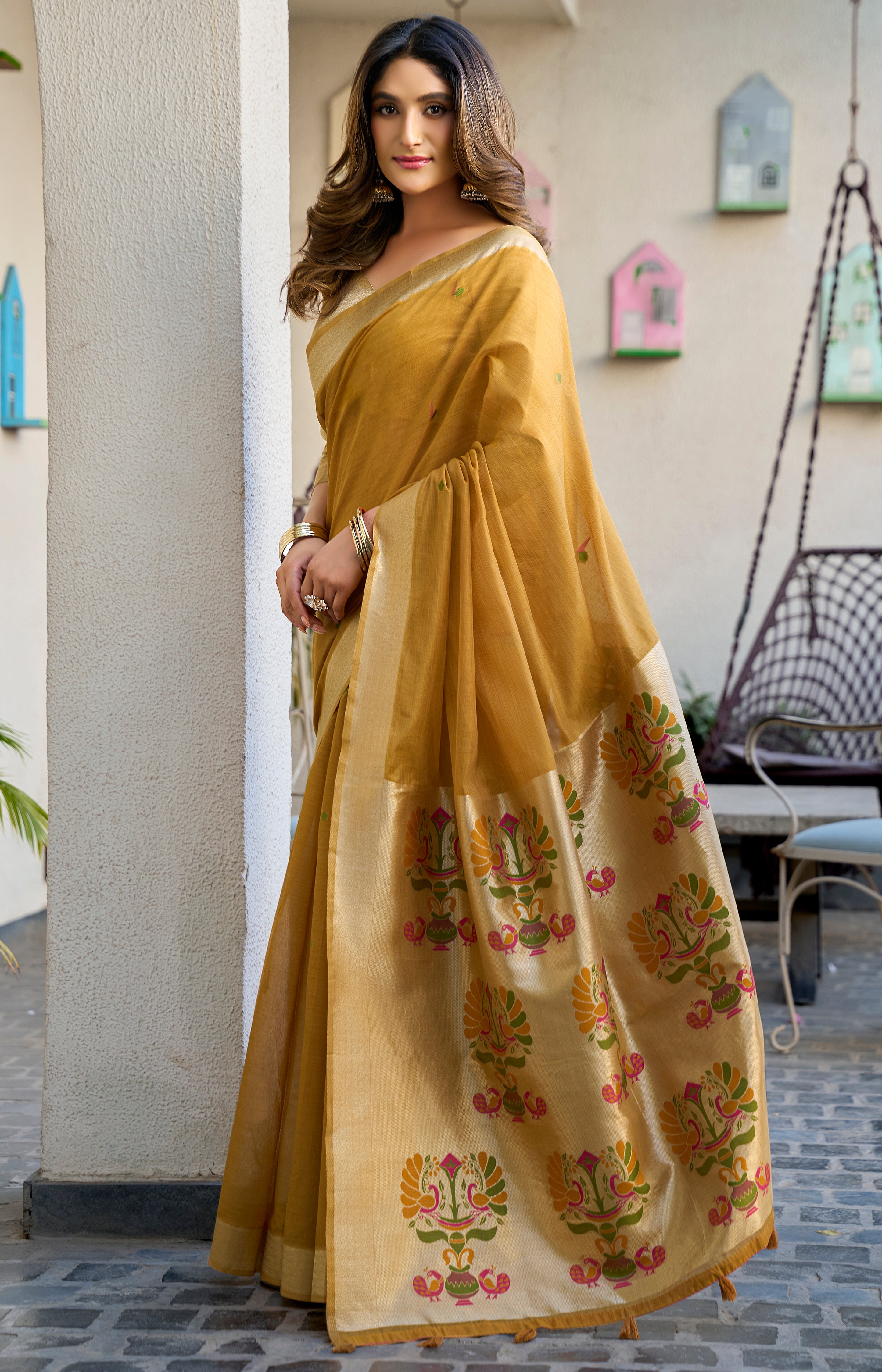 Mustard Cotton Saree with Jacquard Woven Zari Border & Tassels