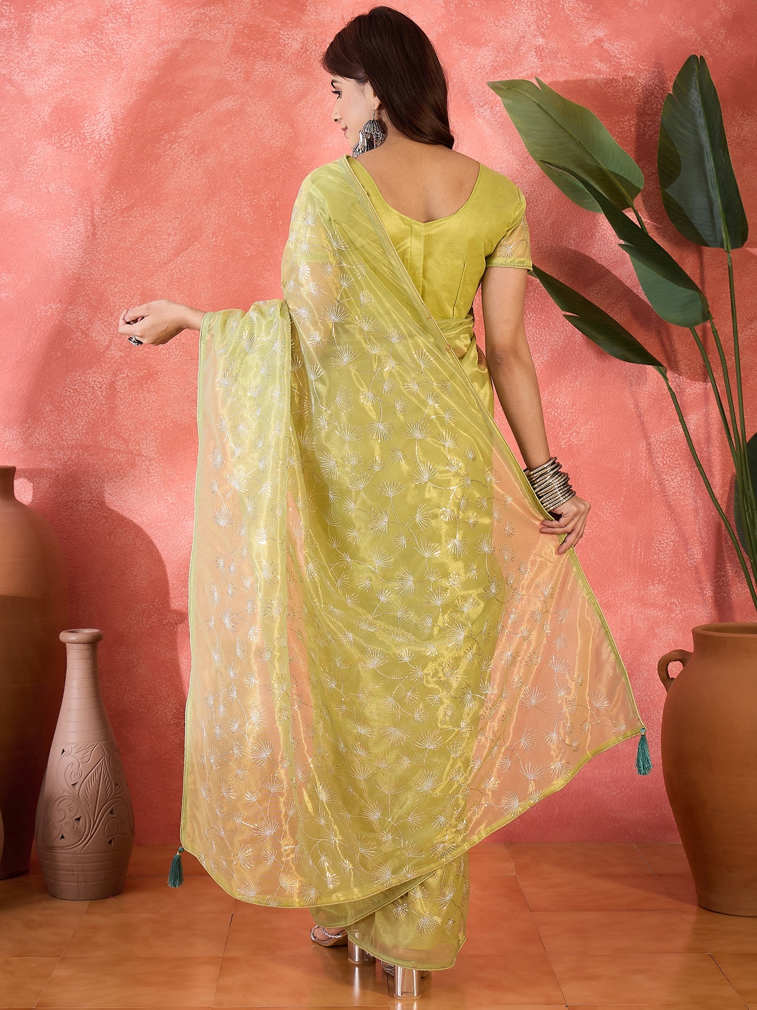 Mustard Designer Twill Net Sequins Embroidery Work Saree