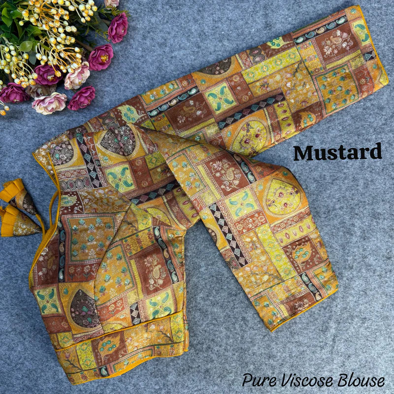 Mustard Designer Vintage Blouse in Pure Viscose Jacquard with Long Sleeves & Position Print