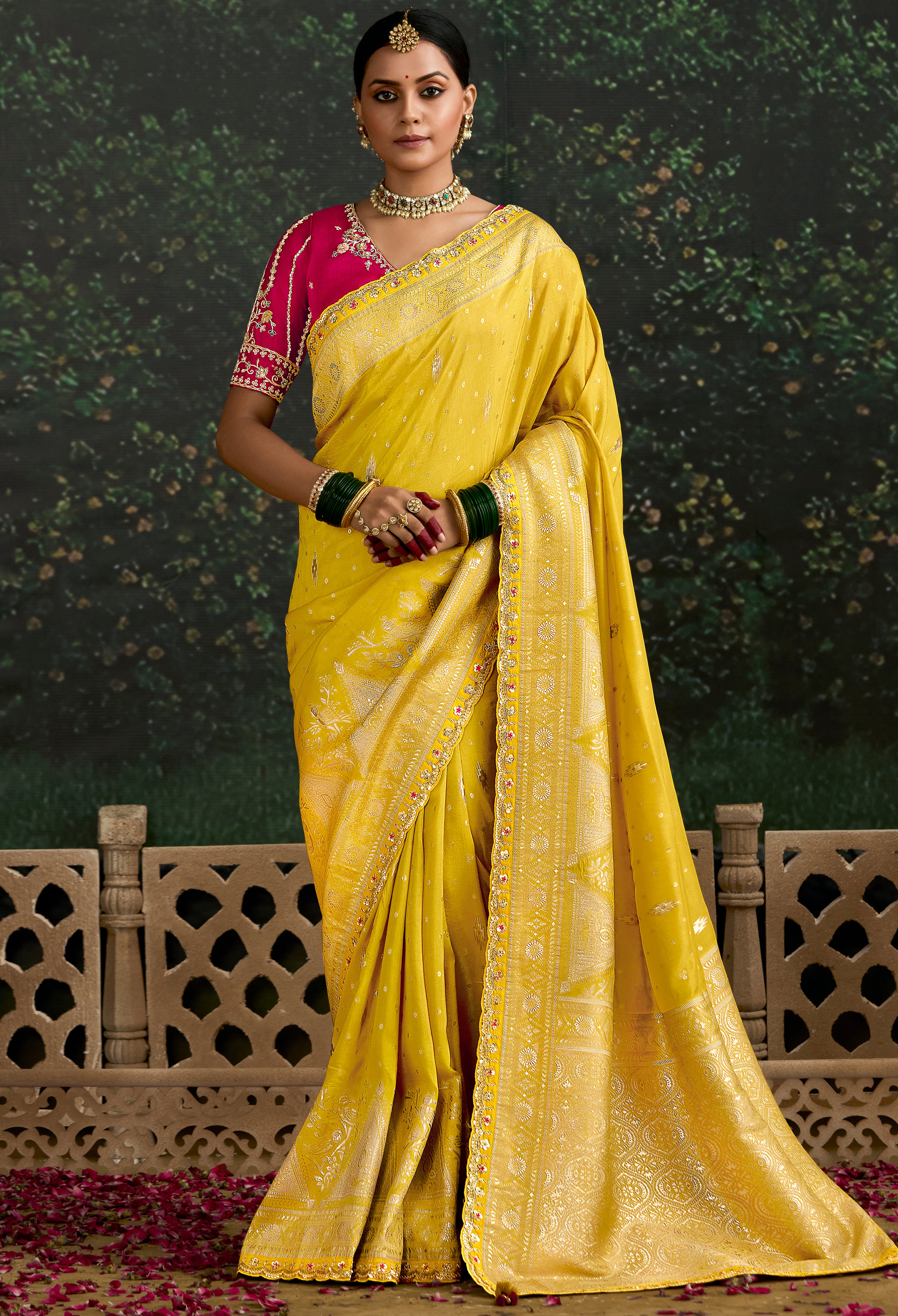 Mustard Dola Silk Saree With Jacquard Woven with Embroidered Lace Border
