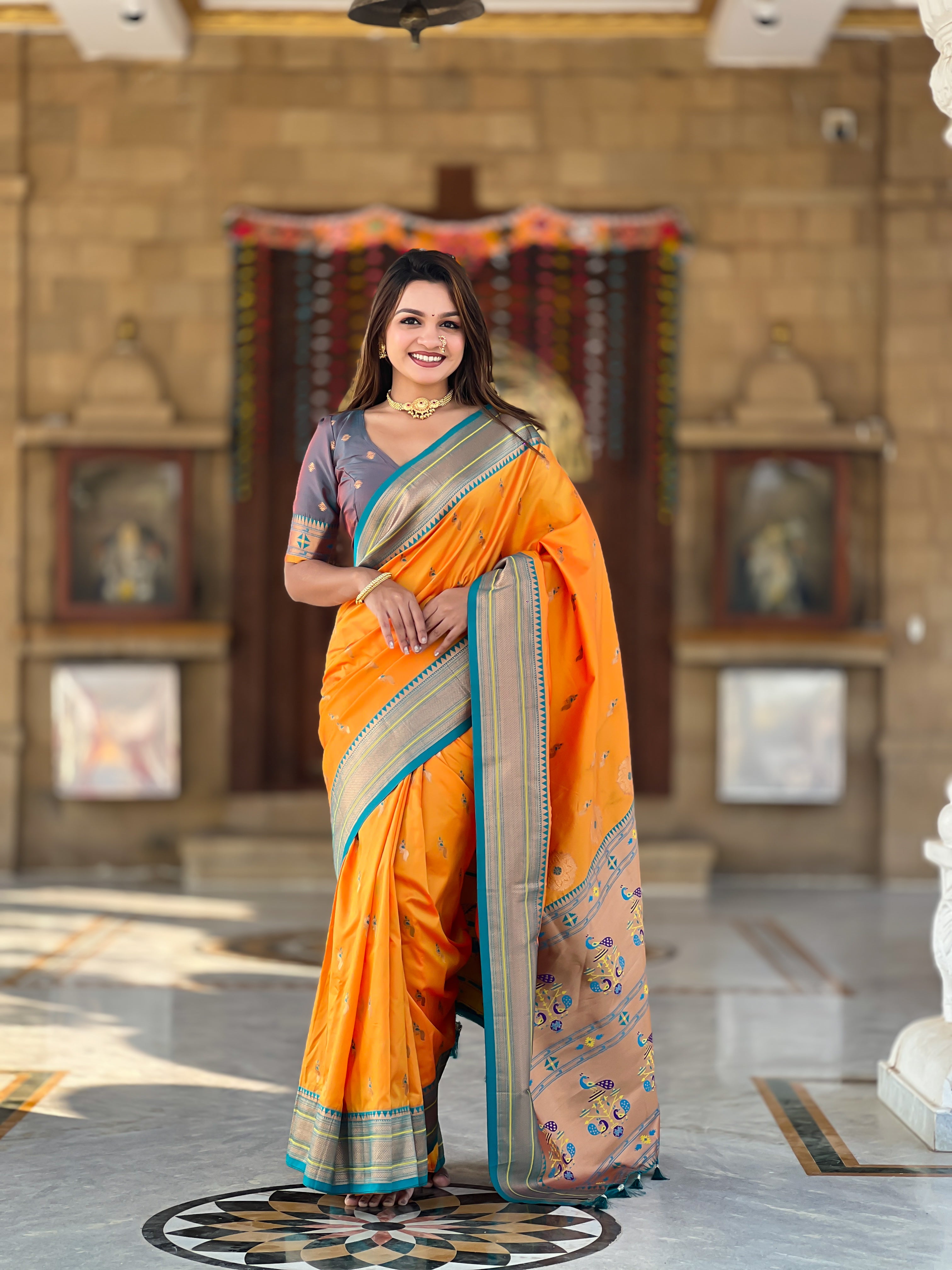 Mustard Ethnic Paithani Silk Woven Jacquard Designer Ceremonial Fancy Saree