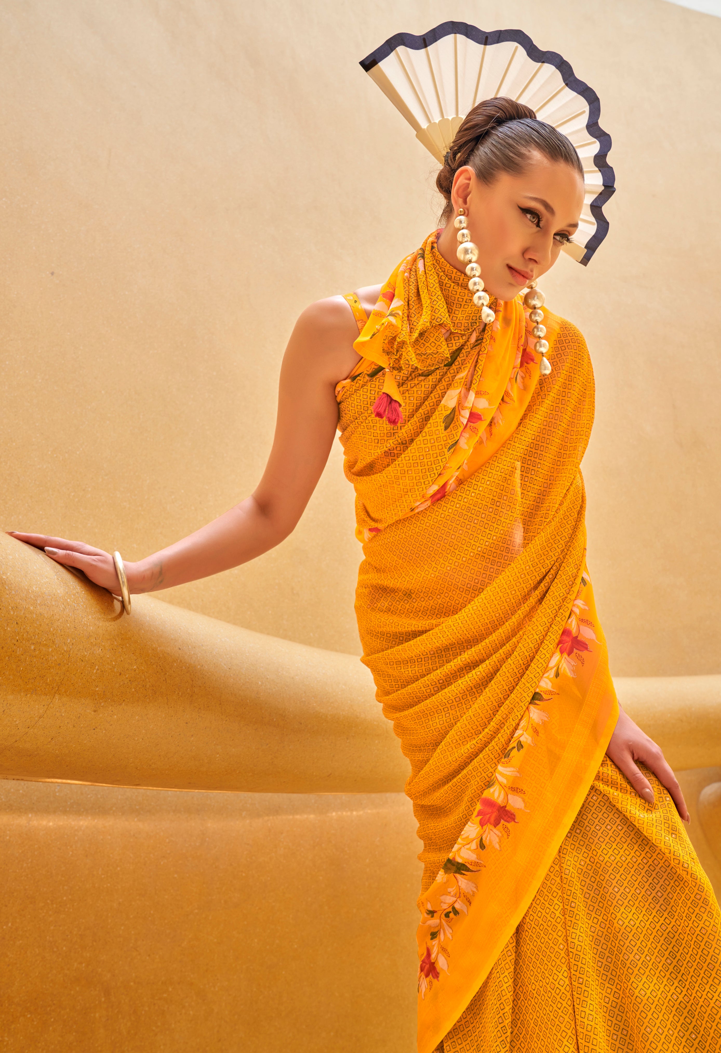 Mustard Georgette Printed Saree