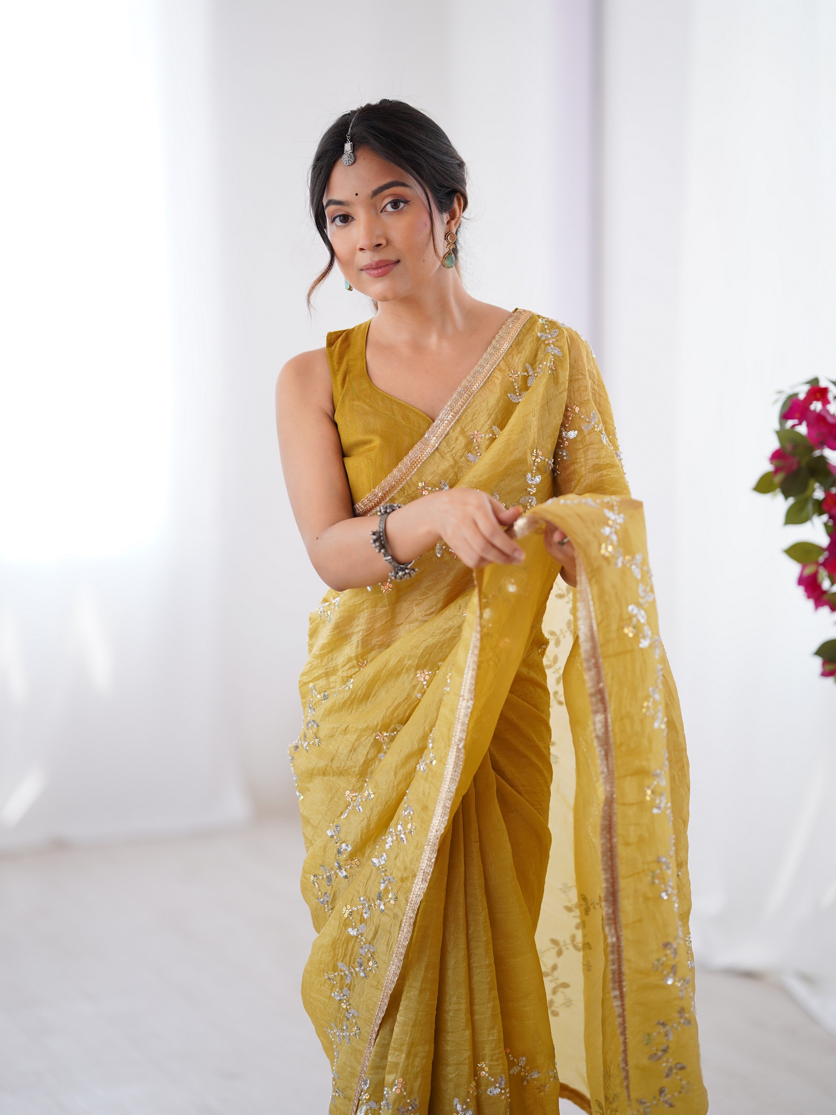 Mustard Gold Crush Designer Sequins And Mofis Work Saree
