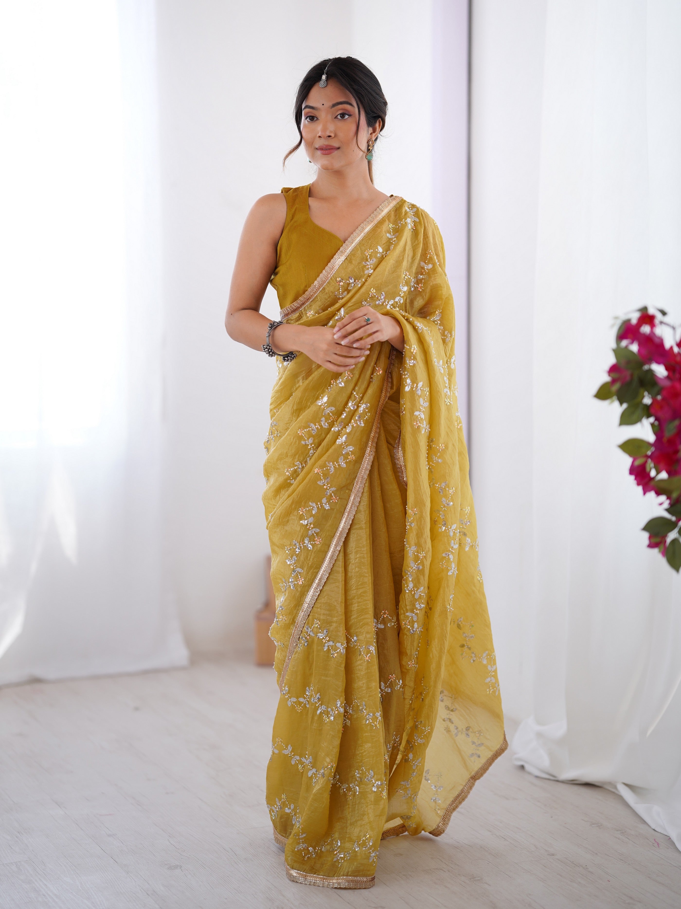 Mustard Gold Crush Designer Sequins And Mofis Work Saree