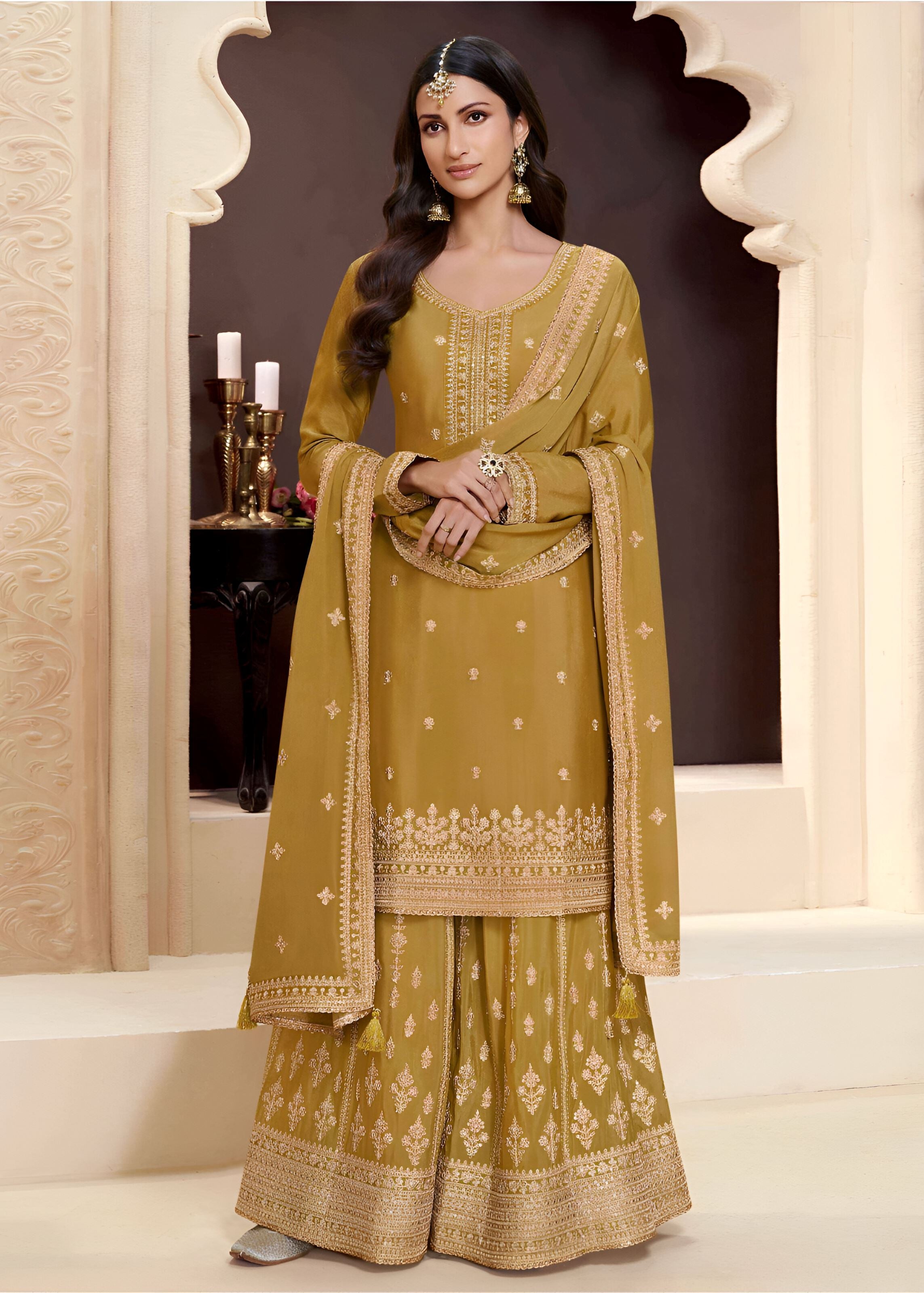 Mustard Heavy Designer Suit With Heavy Embroidery Work