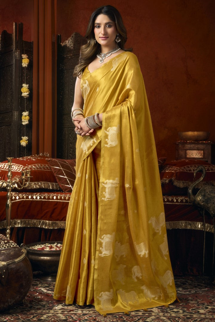 Mustard Heavy Tissue Saree with Elegant Allover Butta Design