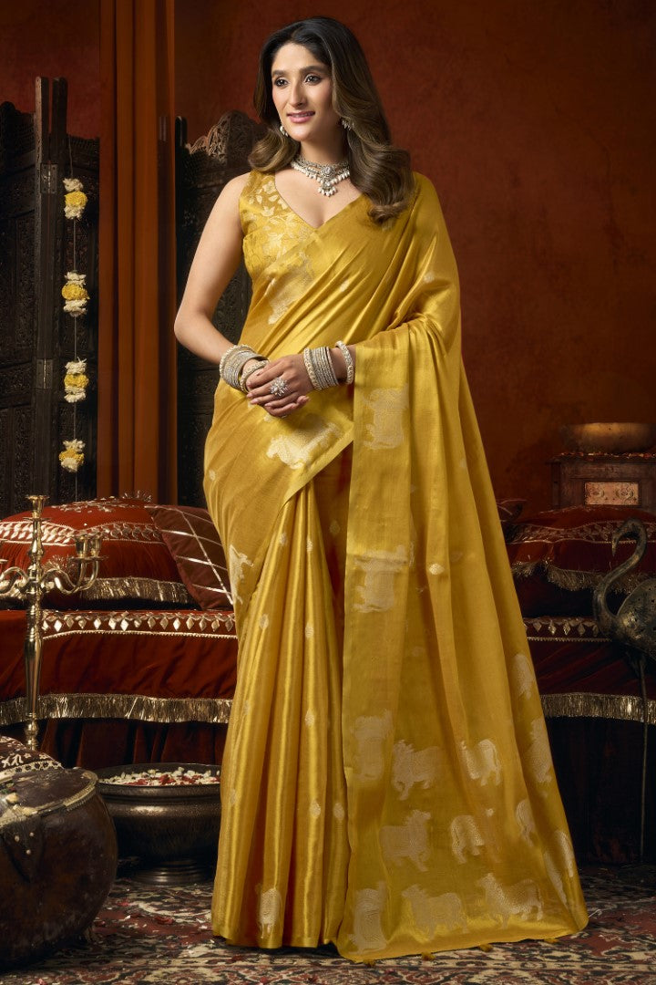 Mustard Heavy Tissue Saree with Elegant Allover Butta Design