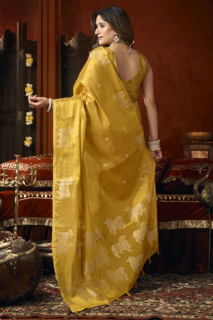 Mustard Heavy Tissue Saree with Elegant Allover Butta Design